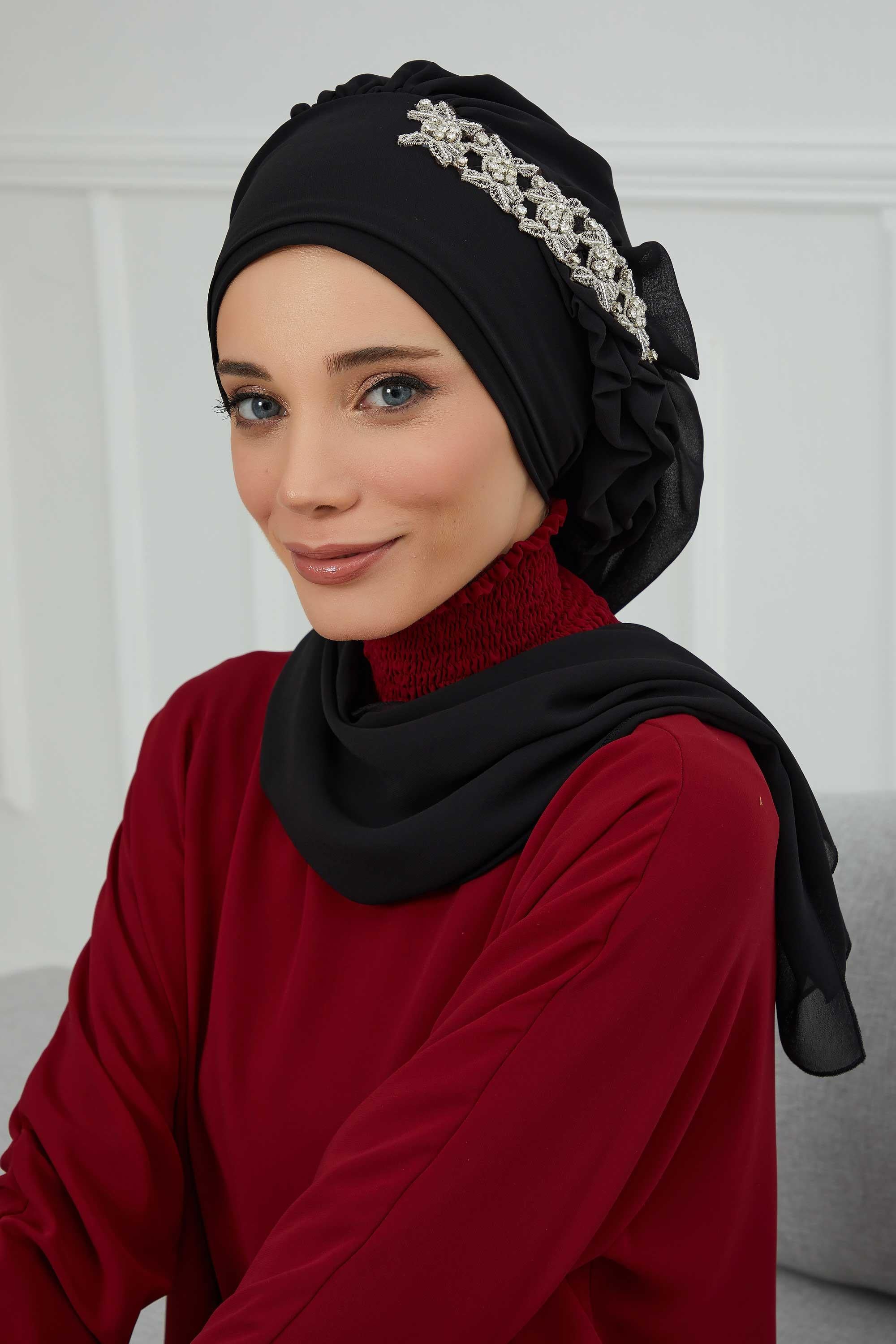 Yandan Fırfırlı Taş Aksesuarlı Şifon Hazır Türban,HT-100,HT-100