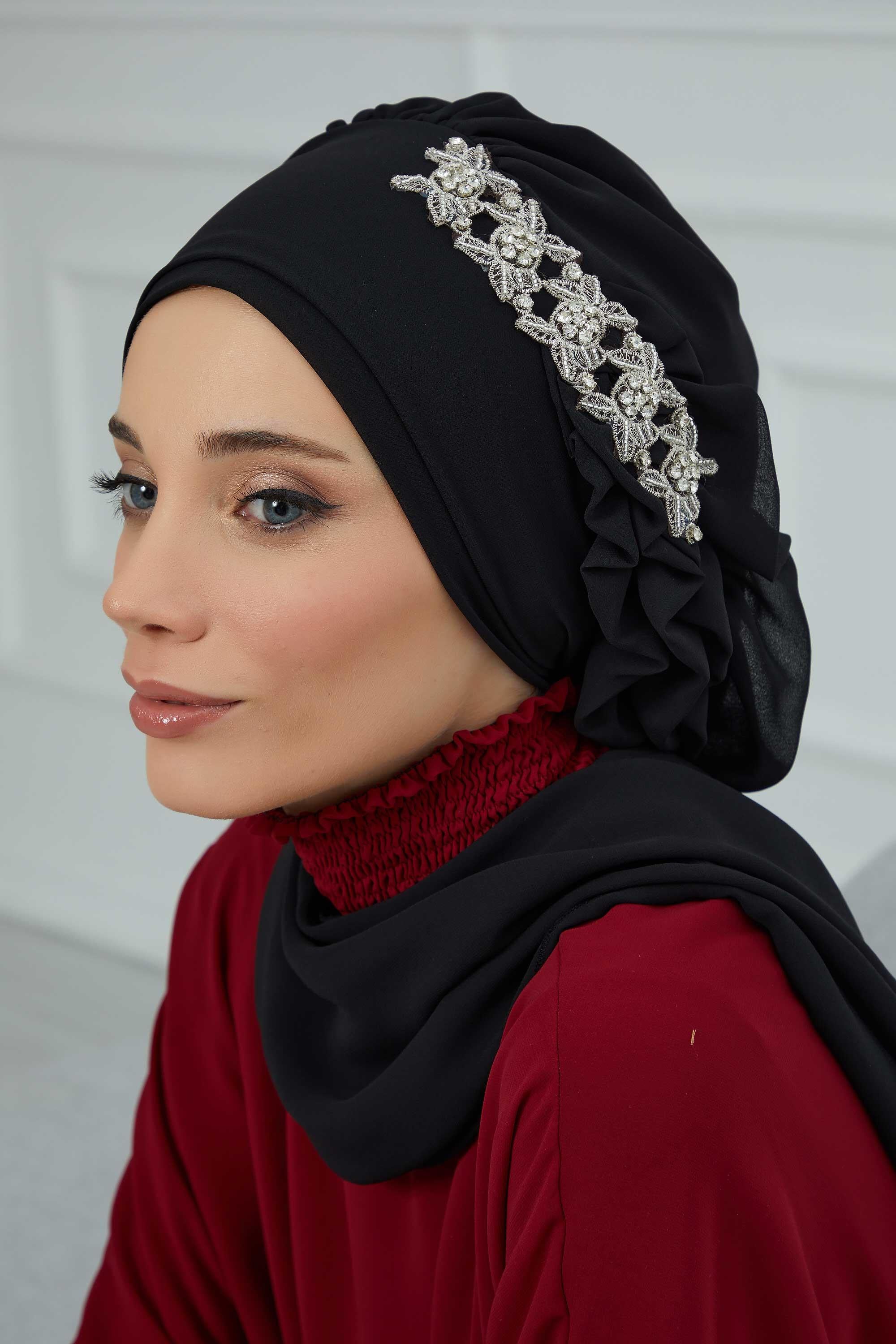 Yandan Fırfırlı Taş Aksesuarlı Şifon Hazır Türban,HT-100,HT-100