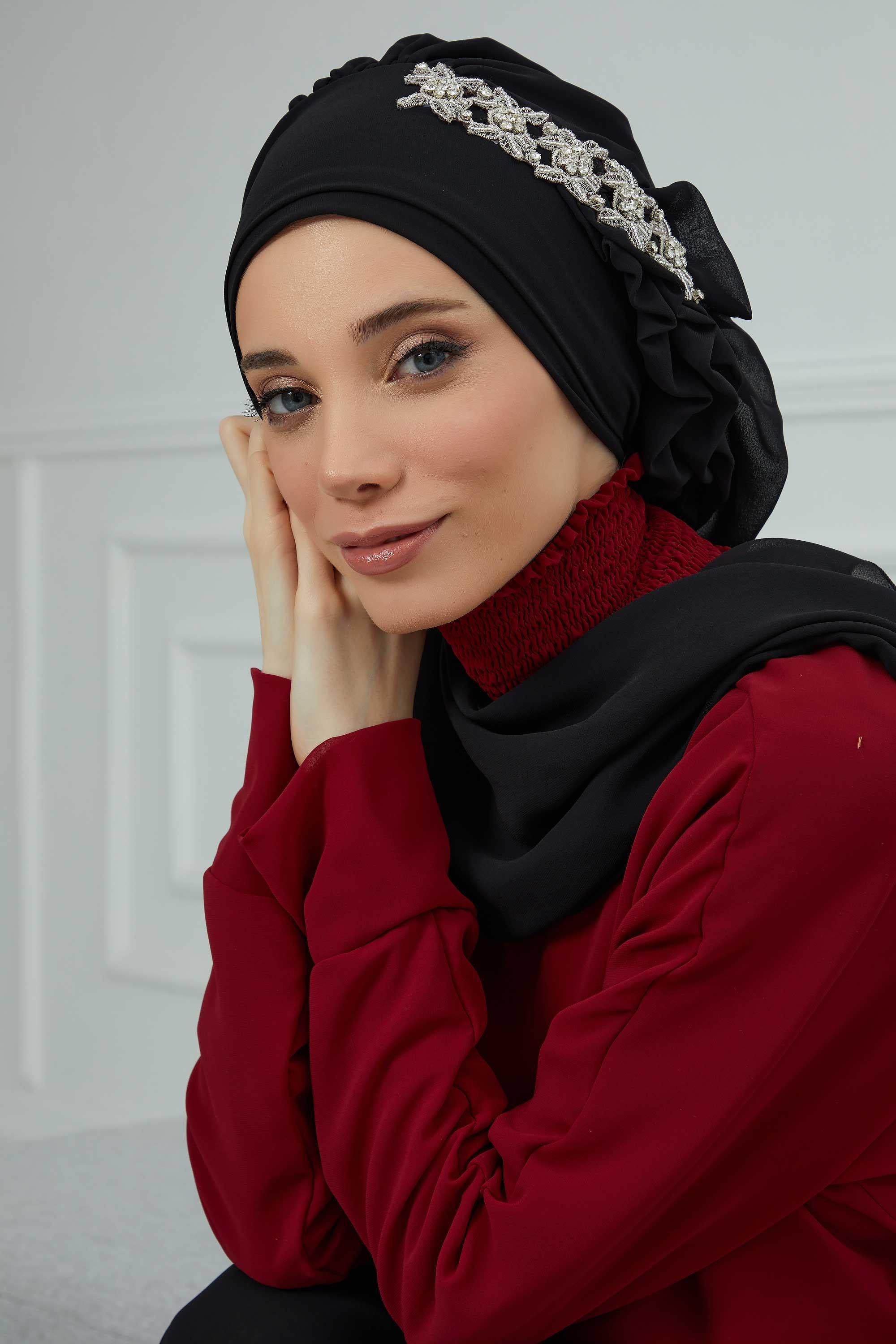 Yandan Fırfırlı Taş Aksesuarlı Şifon Hazır Türban,HT-100,HT-100