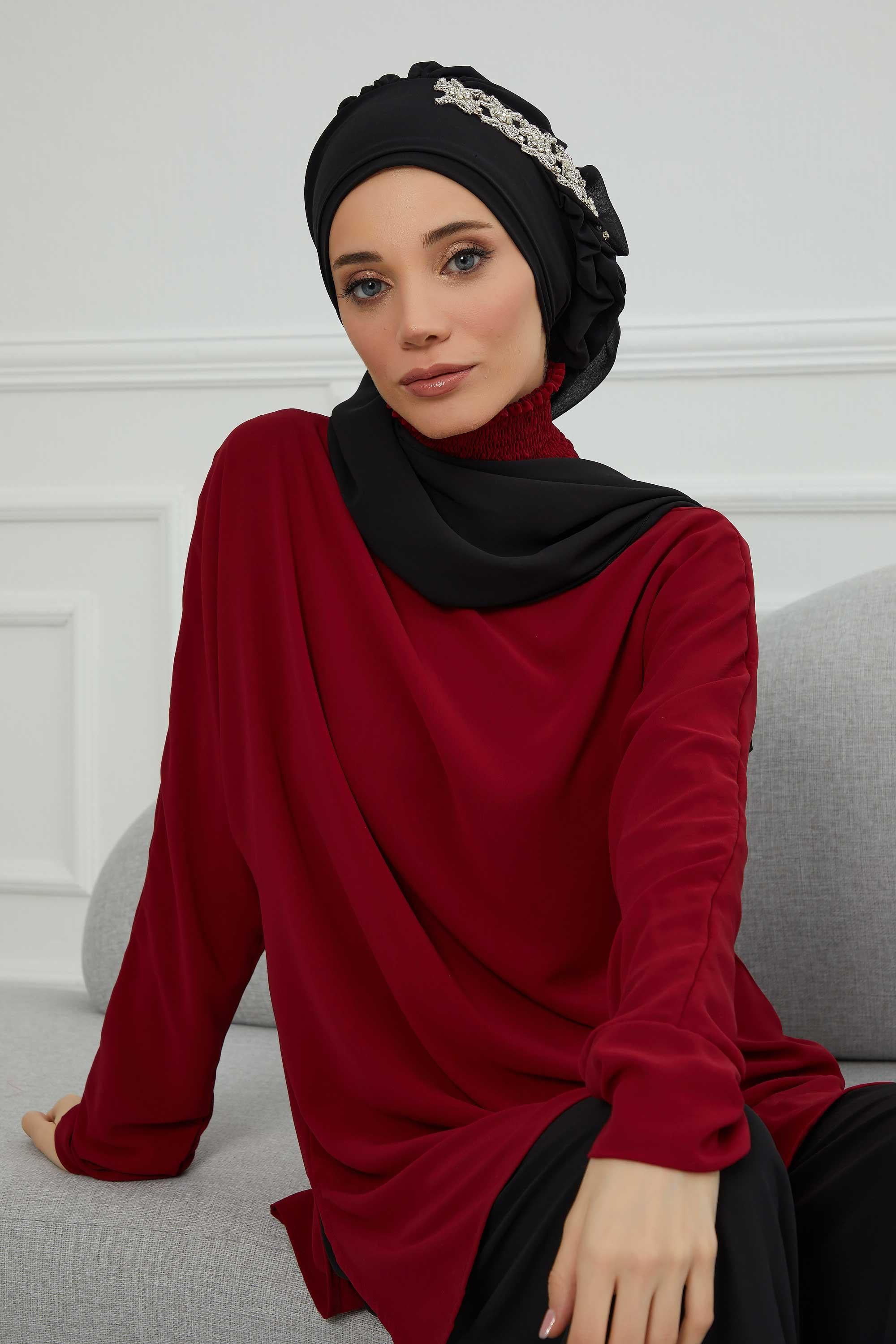 Yandan Fırfırlı Taş Aksesuarlı Şifon Hazır Türban,HT-100,HT-100