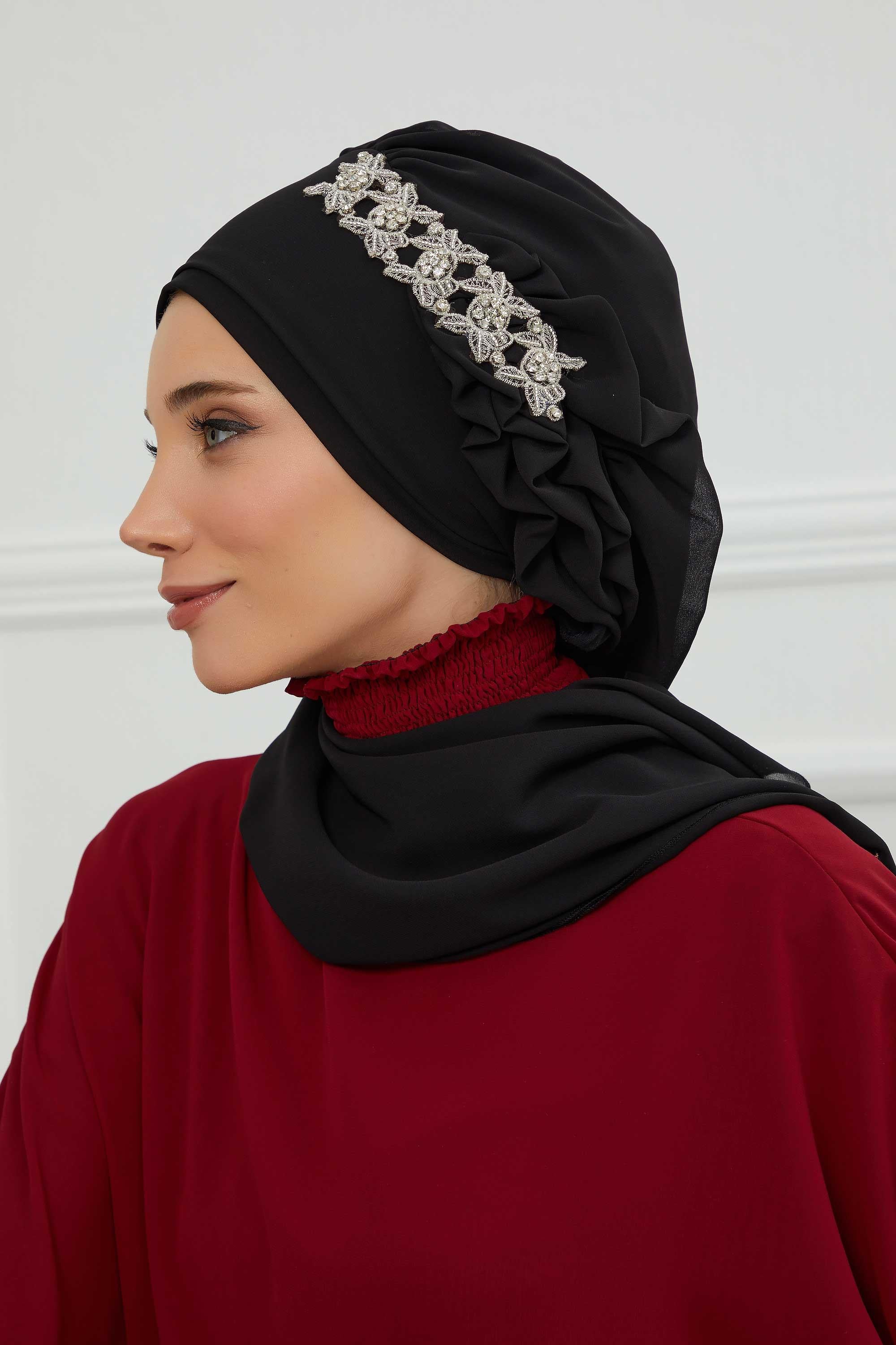 Yandan Fırfırlı Taş Aksesuarlı Şifon Hazır Türban,HT-100,HT-100