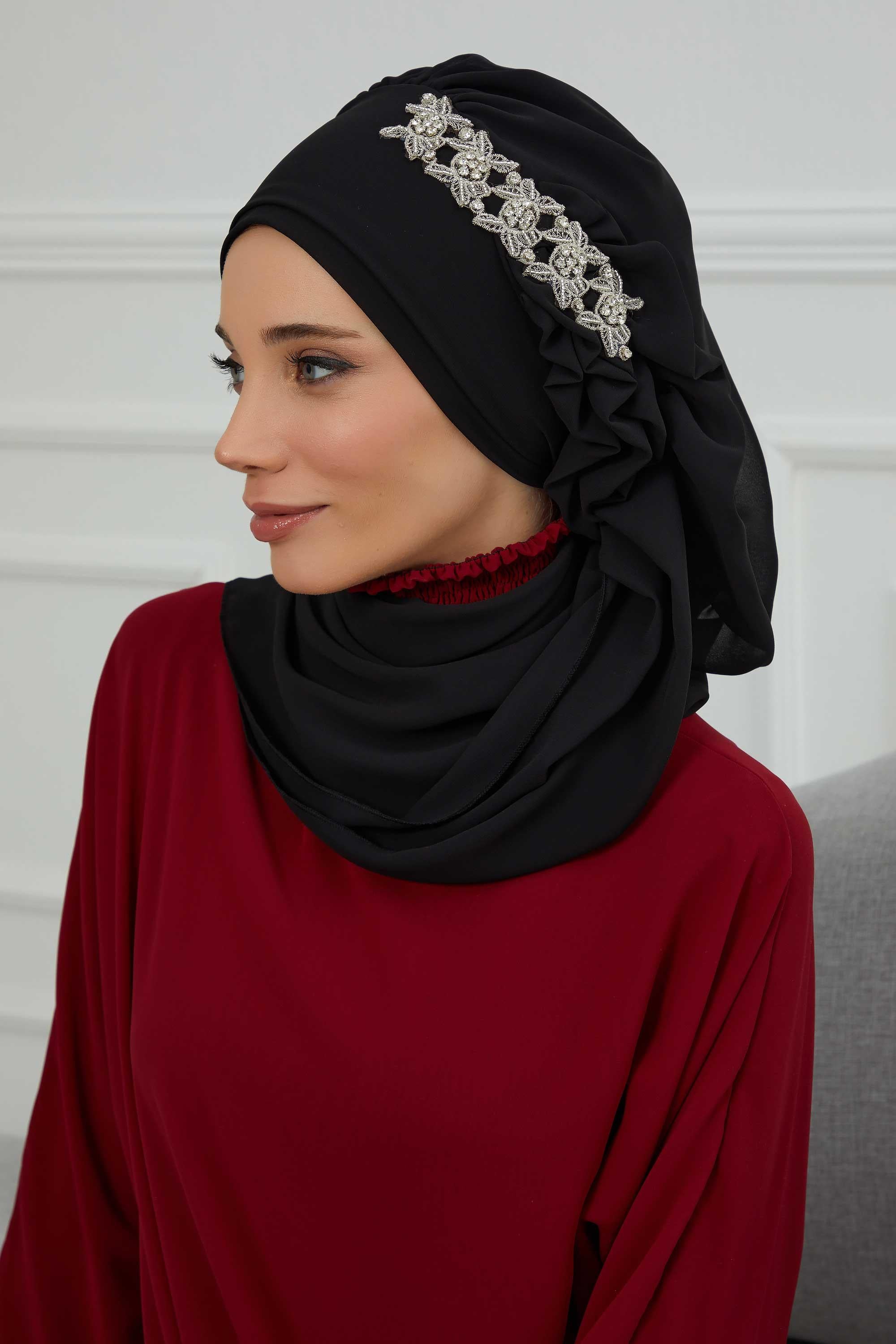 Yandan Fırfırlı Taş Aksesuarlı Şifon Hazır Türban,HT-100,HT-100