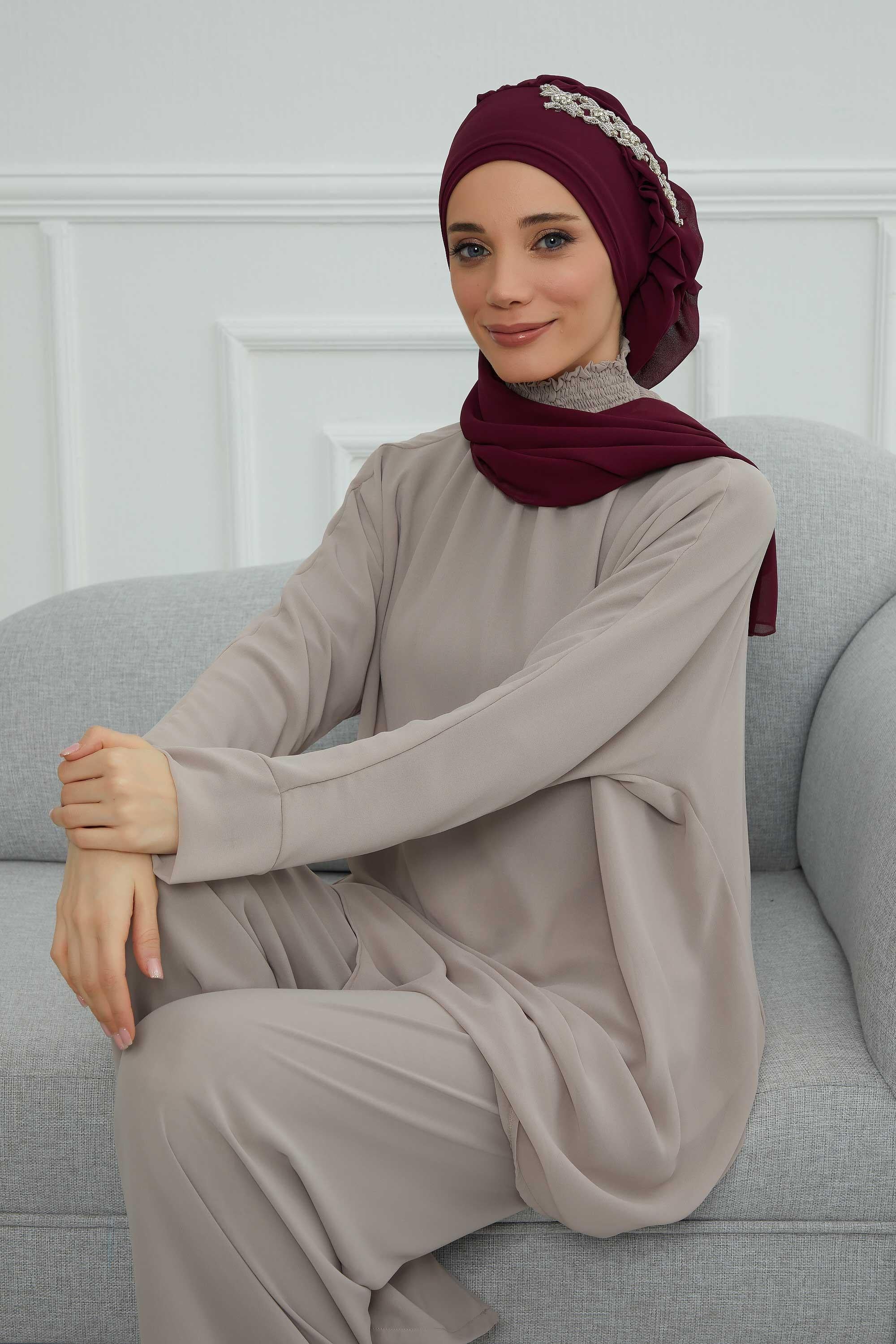 Yandan Fırfırlı Taş Aksesuarlı Şifon Hazır Türban,HT-100,HT-100