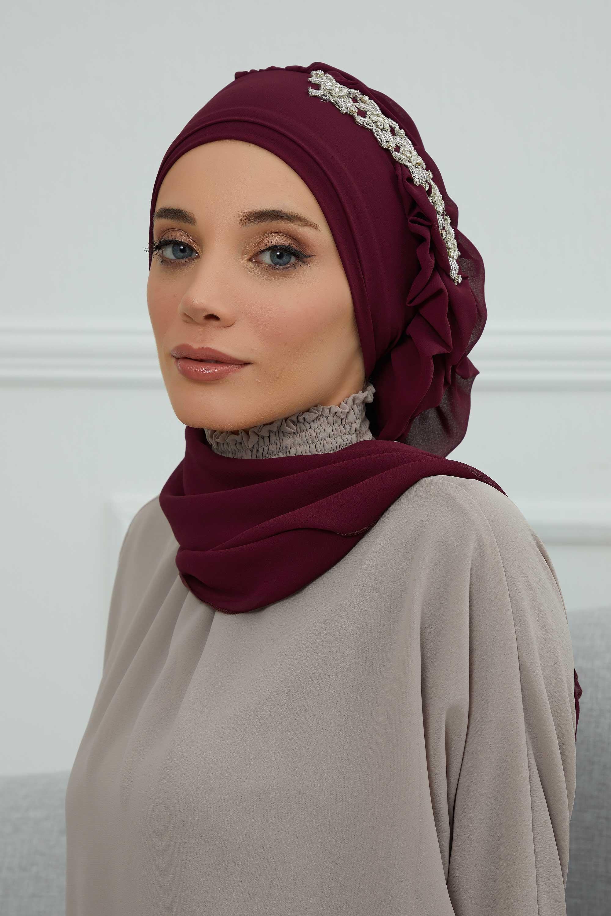 Yandan Fırfırlı Taş Aksesuarlı Şifon Hazır Türban,HT-100,HT-100