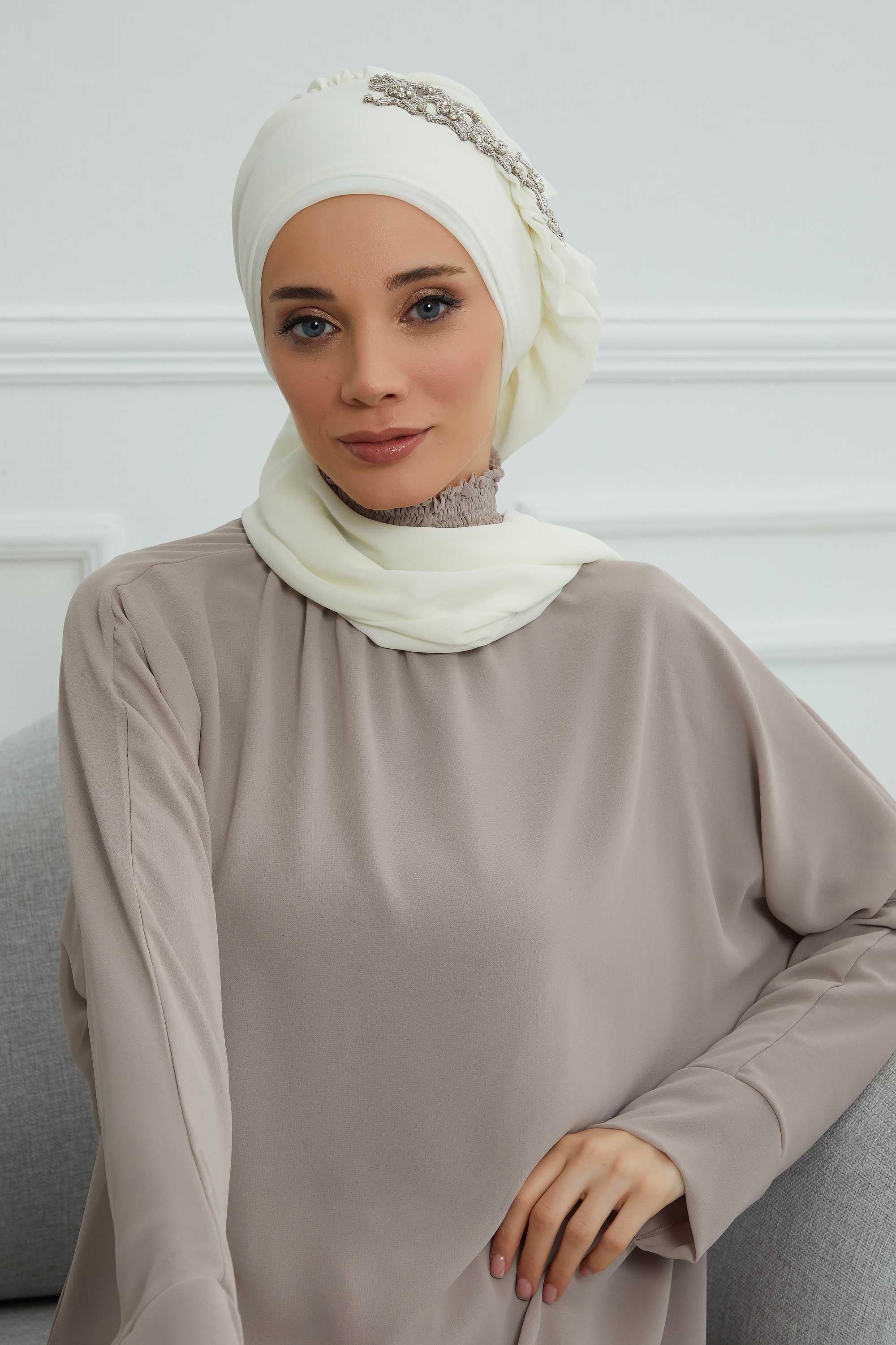 Yandan Fırfırlı Taş Aksesuarlı Şifon Hazır Türban,HT-100,HT-100