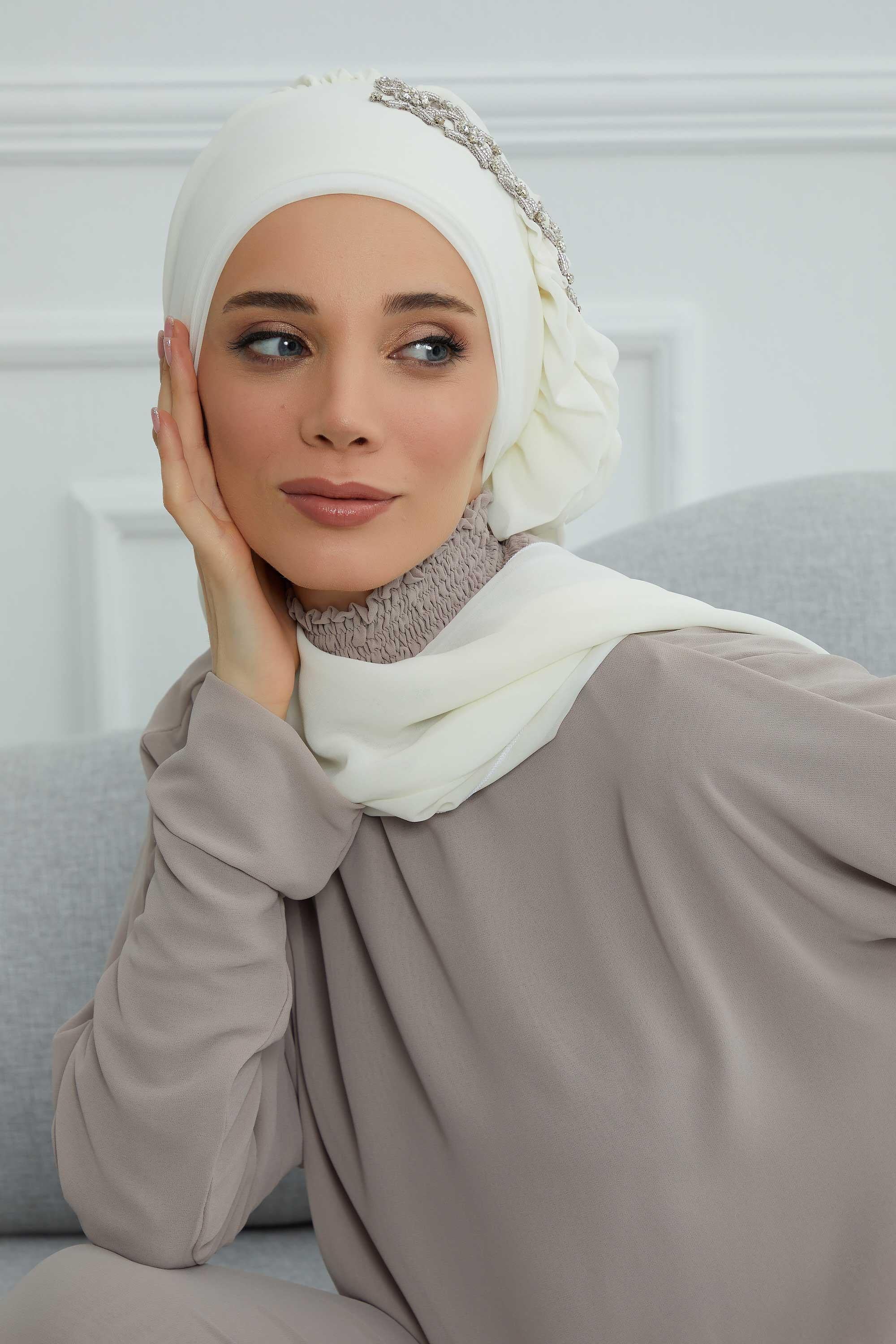 Yandan Fırfırlı Taş Aksesuarlı Şifon Hazır Türban,HT-100,HT-100