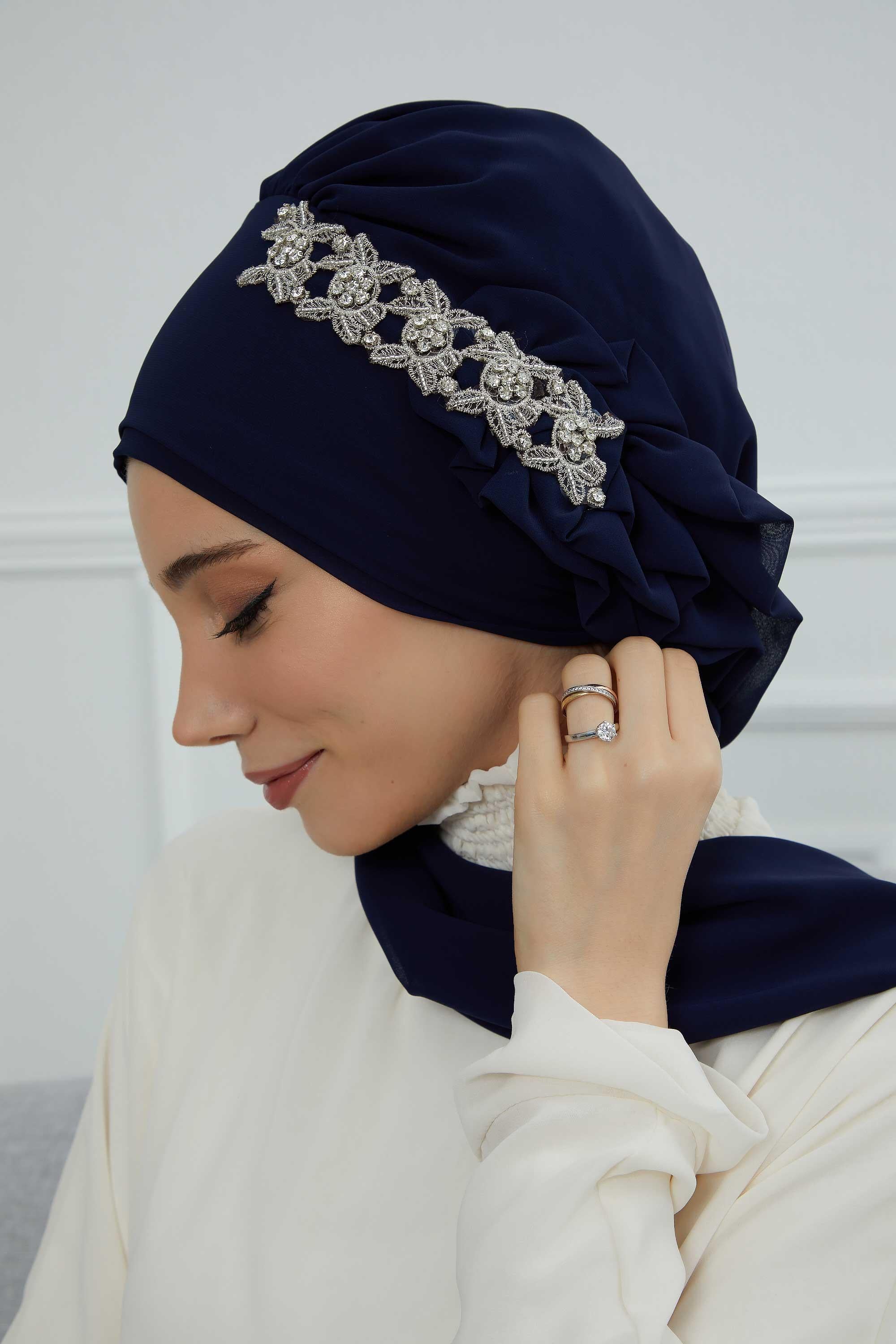 Yandan Fırfırlı Taş Aksesuarlı Şifon Hazır Türban,HT-100,HT-100