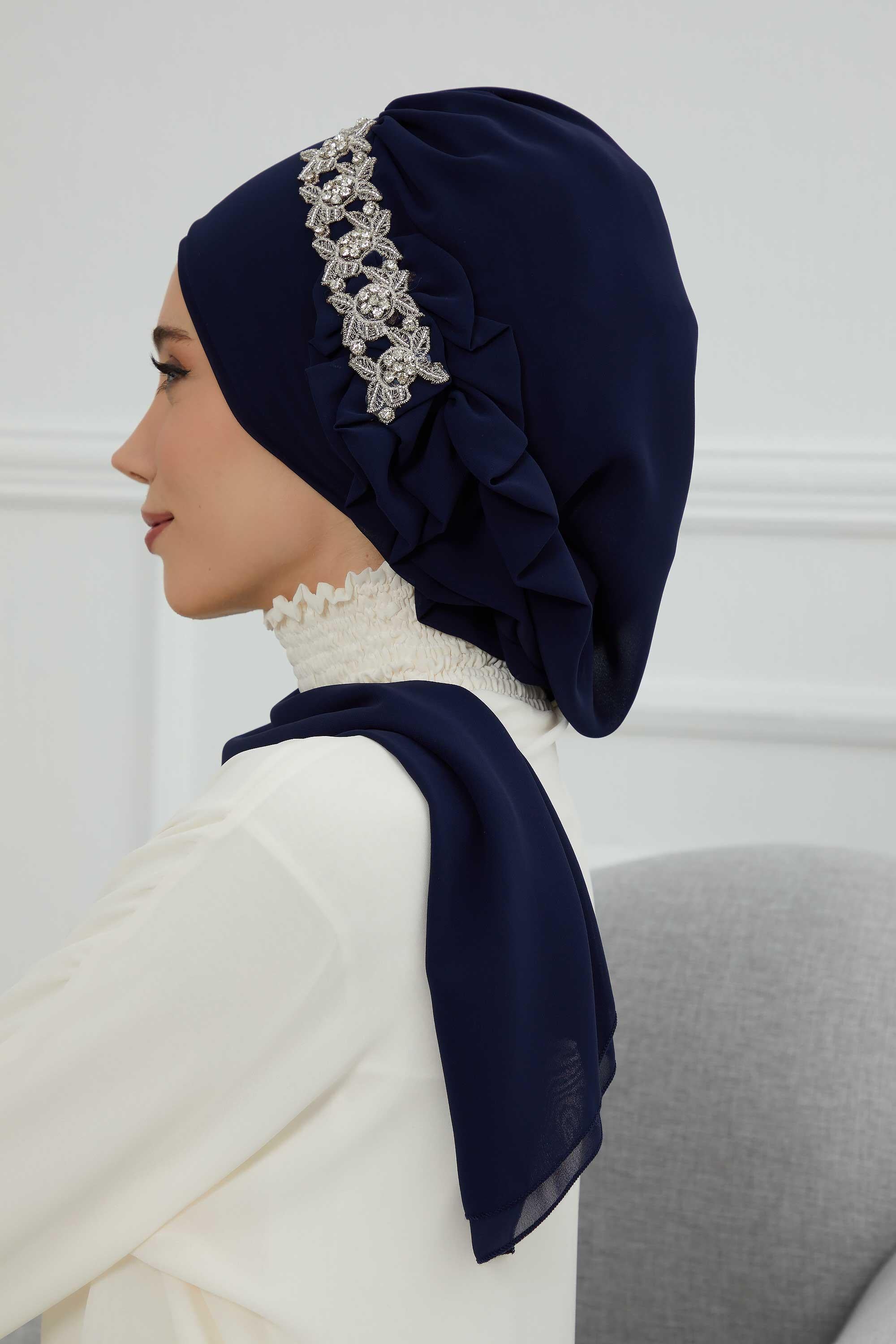 Yandan Fırfırlı Taş Aksesuarlı Şifon Hazır Türban,HT-100,HT-100