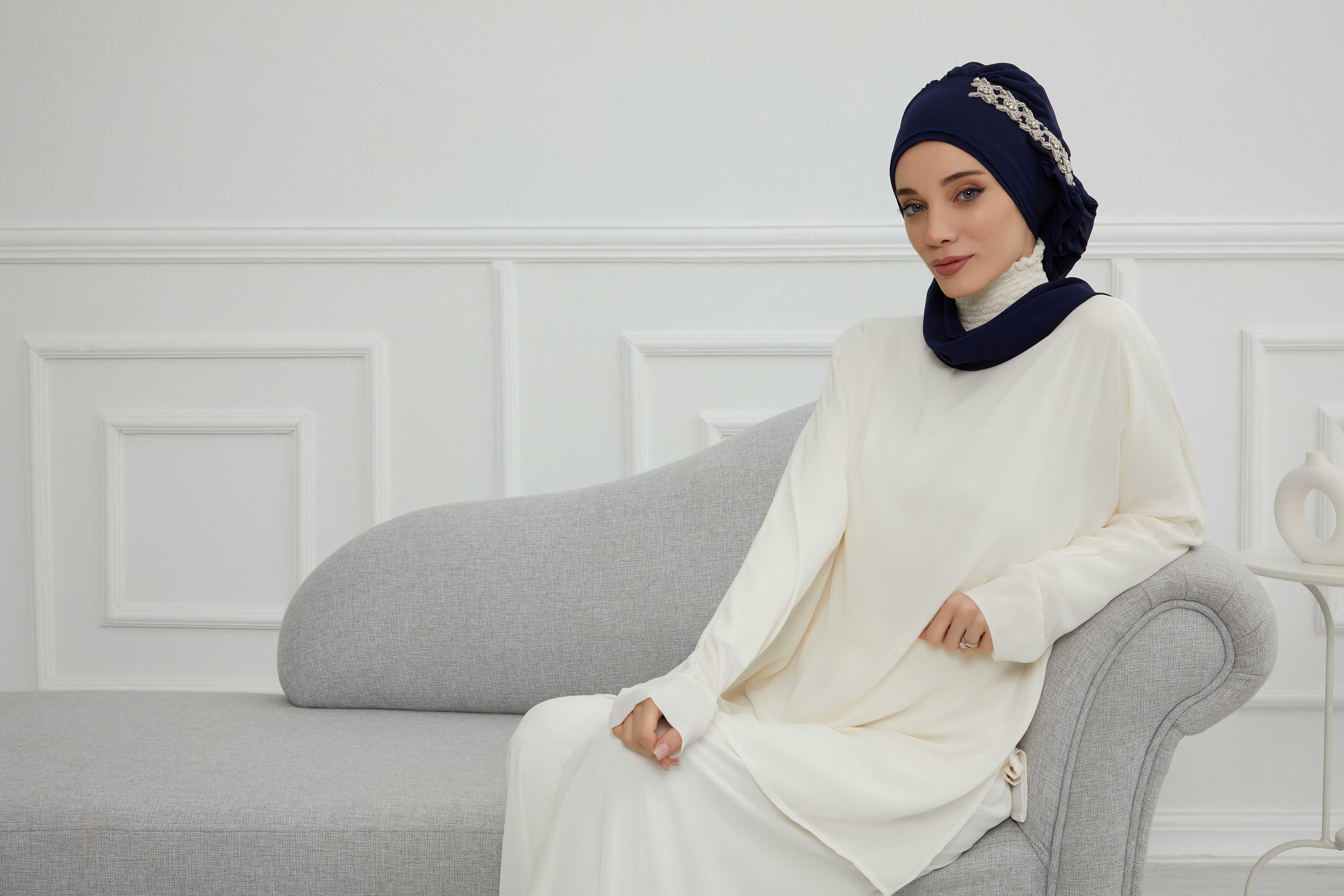 Yandan Fırfırlı Taş Aksesuarlı Şifon Hazır Türban,HT-100,HT-100