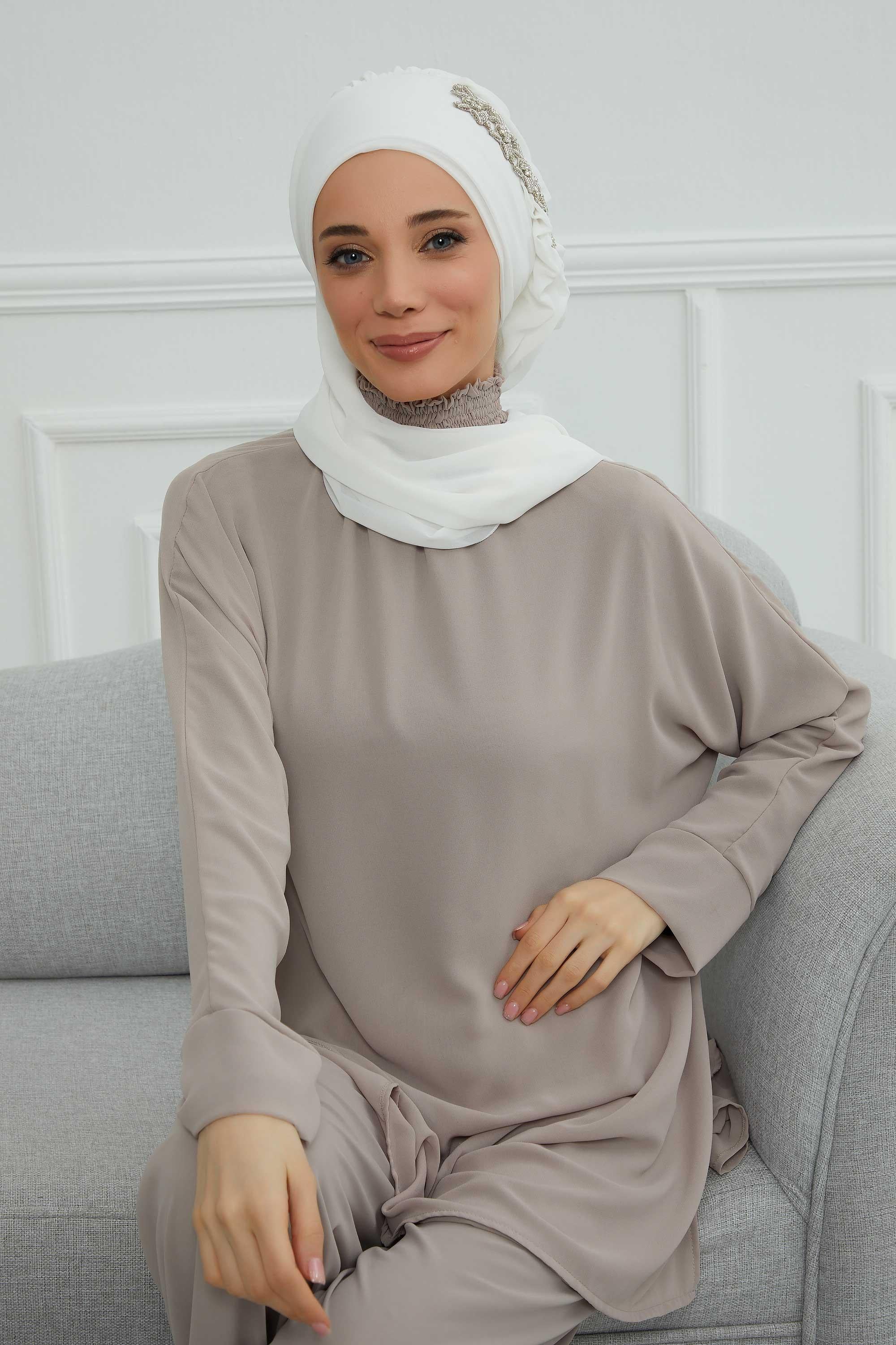 Yandan Fırfırlı Taş Aksesuarlı Şifon Hazır Türban,HT-100,HT-100