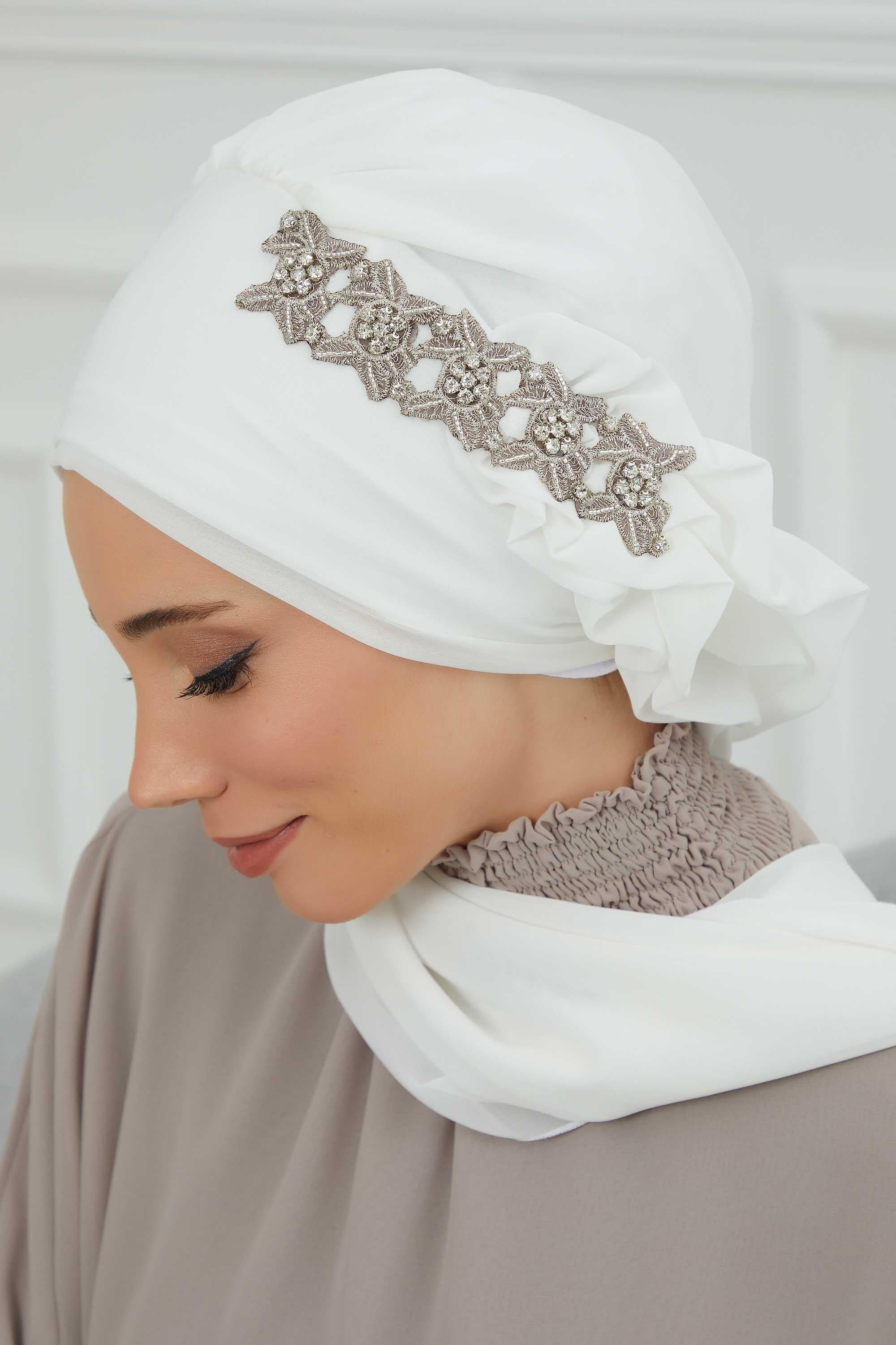 Yandan Fırfırlı Taş Aksesuarlı Şifon Hazır Türban,HT-100,HT-100