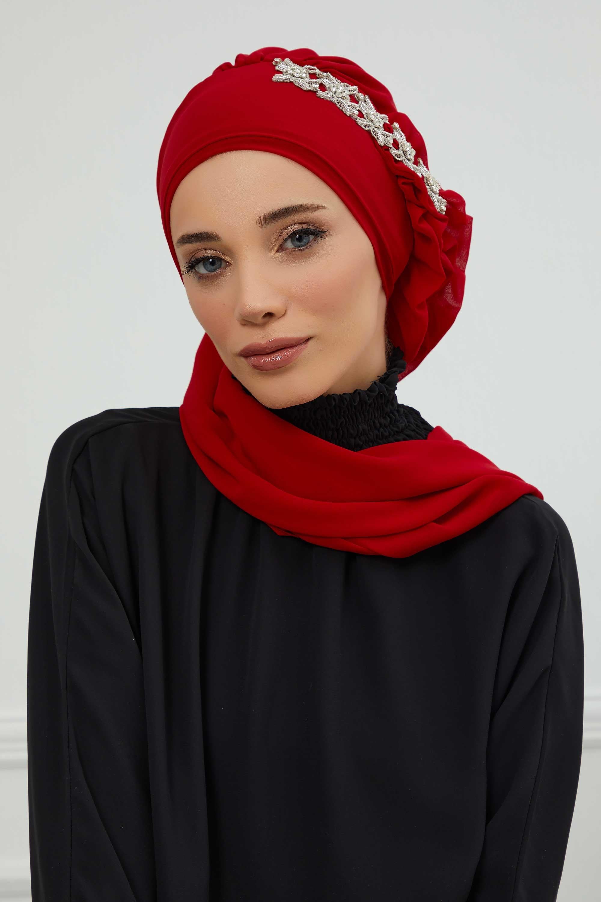 Yandan Fırfırlı Taş Aksesuarlı Şifon Hazır Türban,HT-100,HT-100