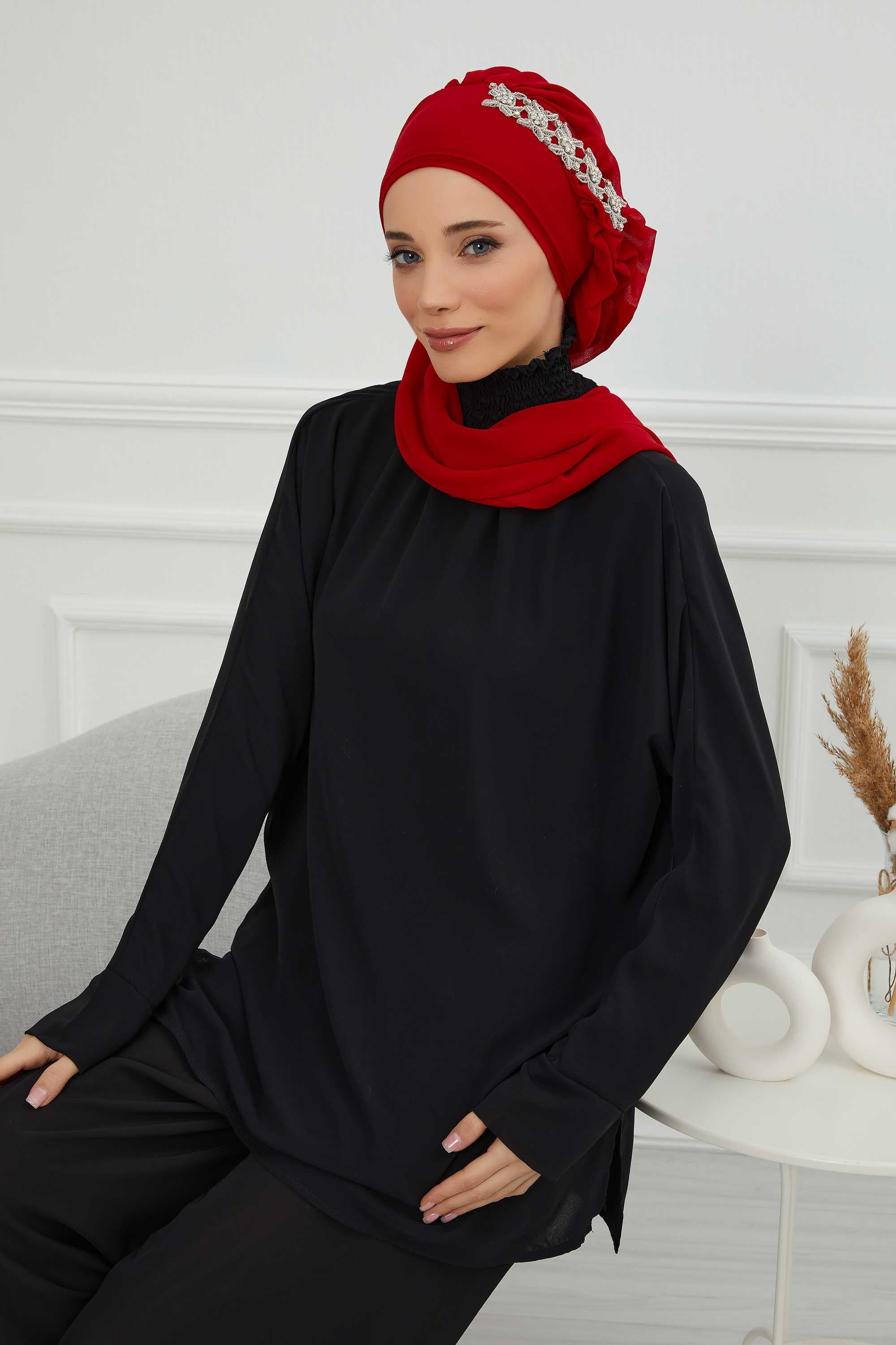 Yandan Fırfırlı Taş Aksesuarlı Şifon Hazır Türban,HT-100,HT-100