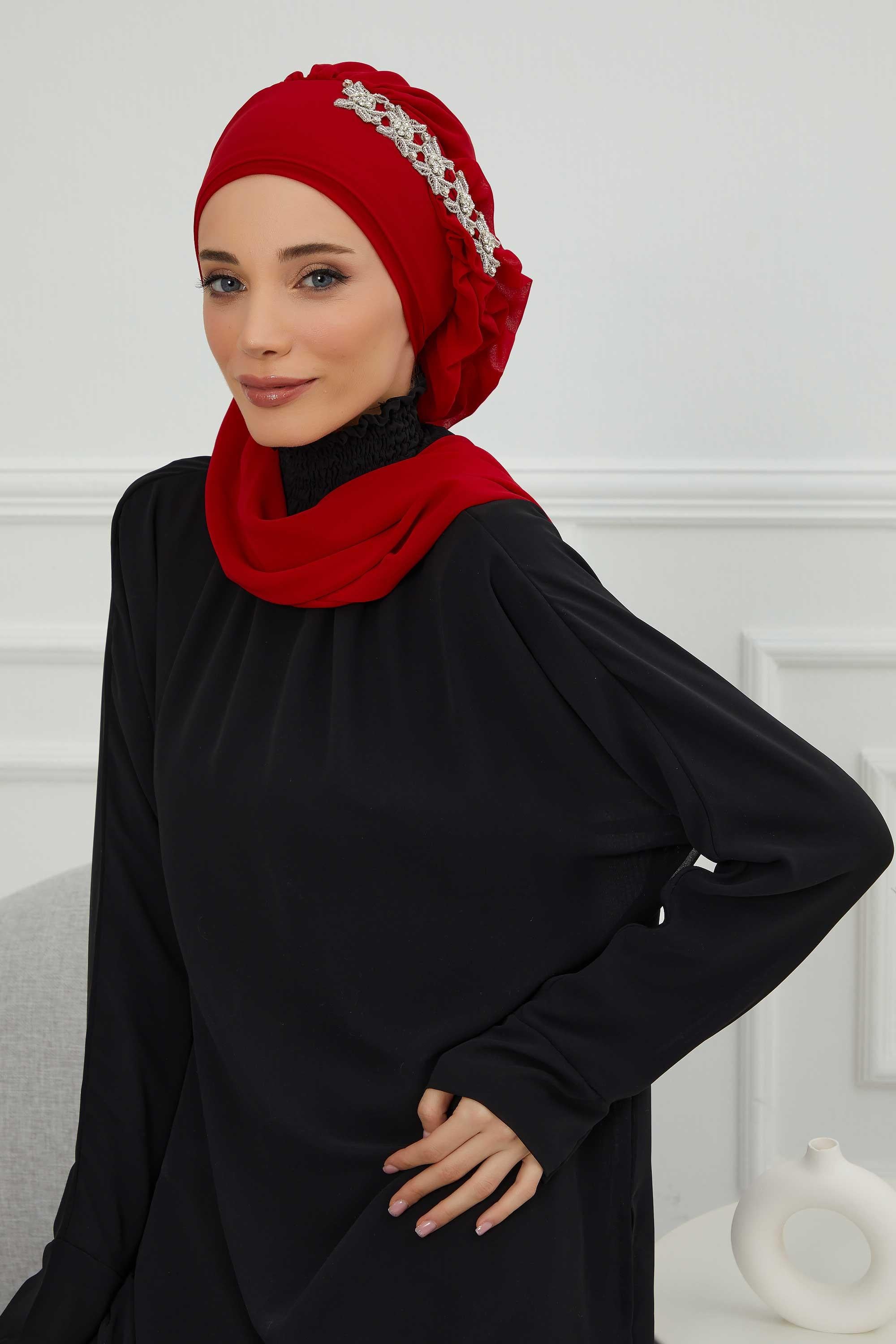 Yandan Fırfırlı Taş Aksesuarlı Şifon Hazır Türban,HT-100,HT-100