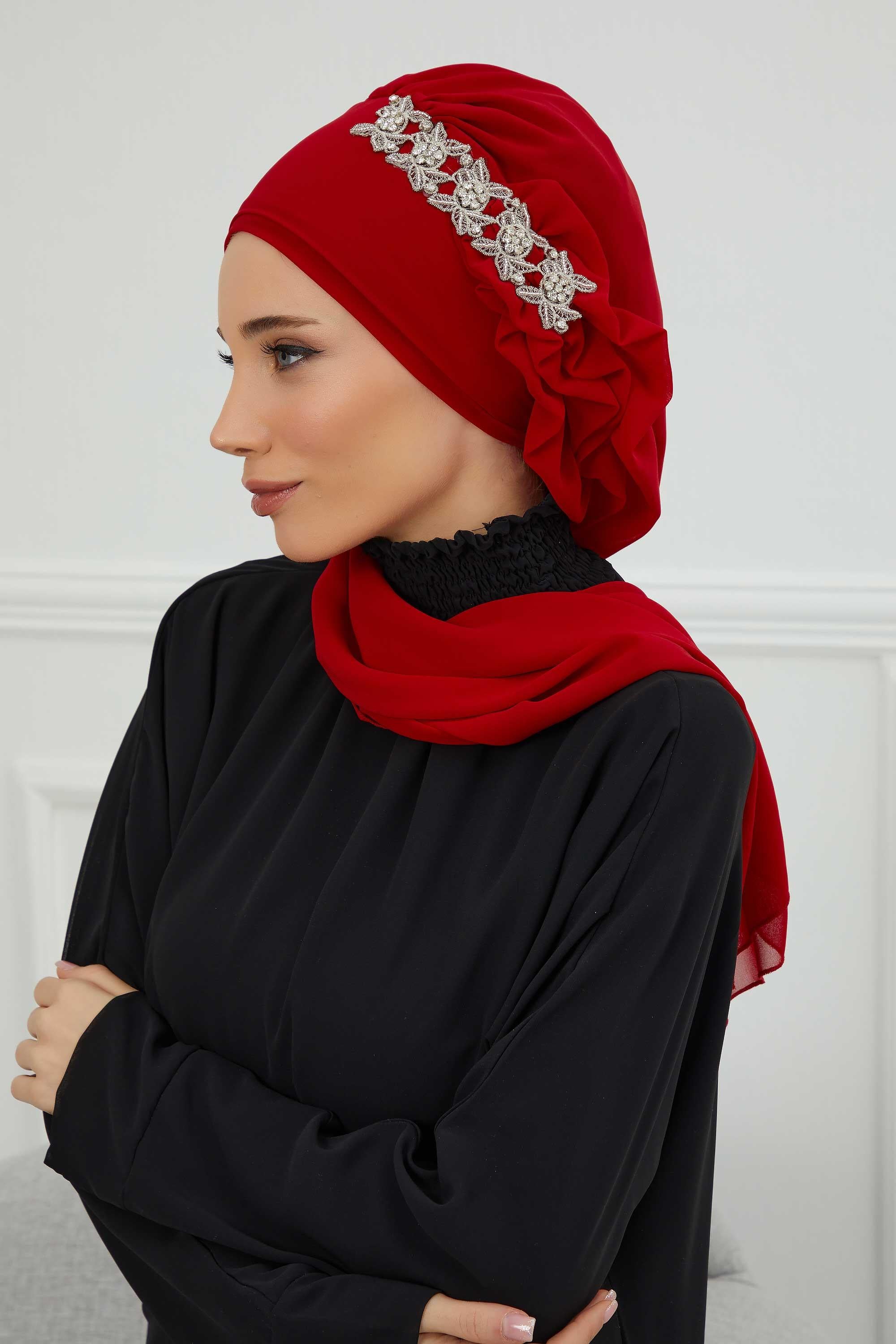 Yandan Fırfırlı Taş Aksesuarlı Şifon Hazır Türban,HT-100,HT-100