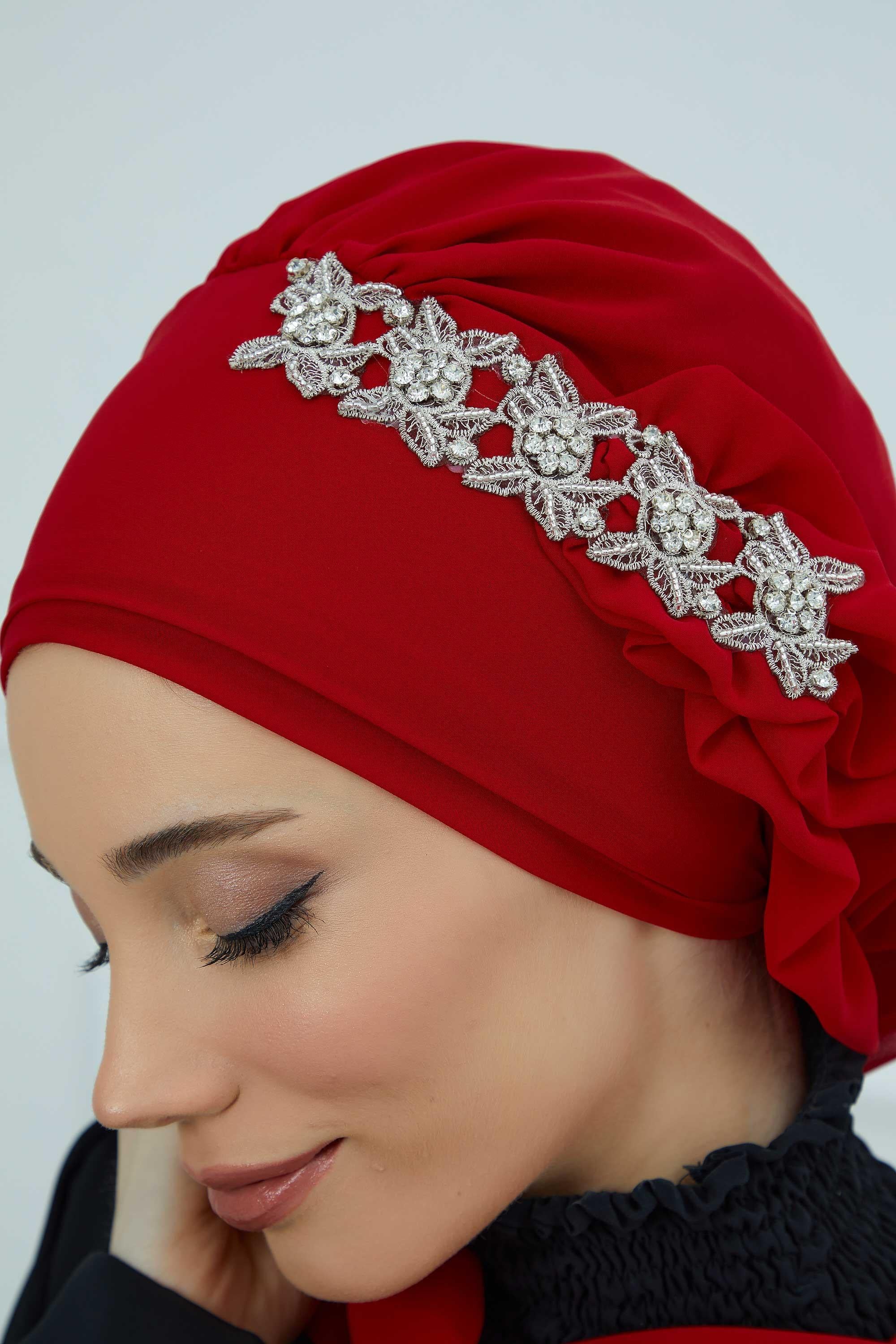 Yandan Fırfırlı Taş Aksesuarlı Şifon Hazır Türban,HT-100,HT-100