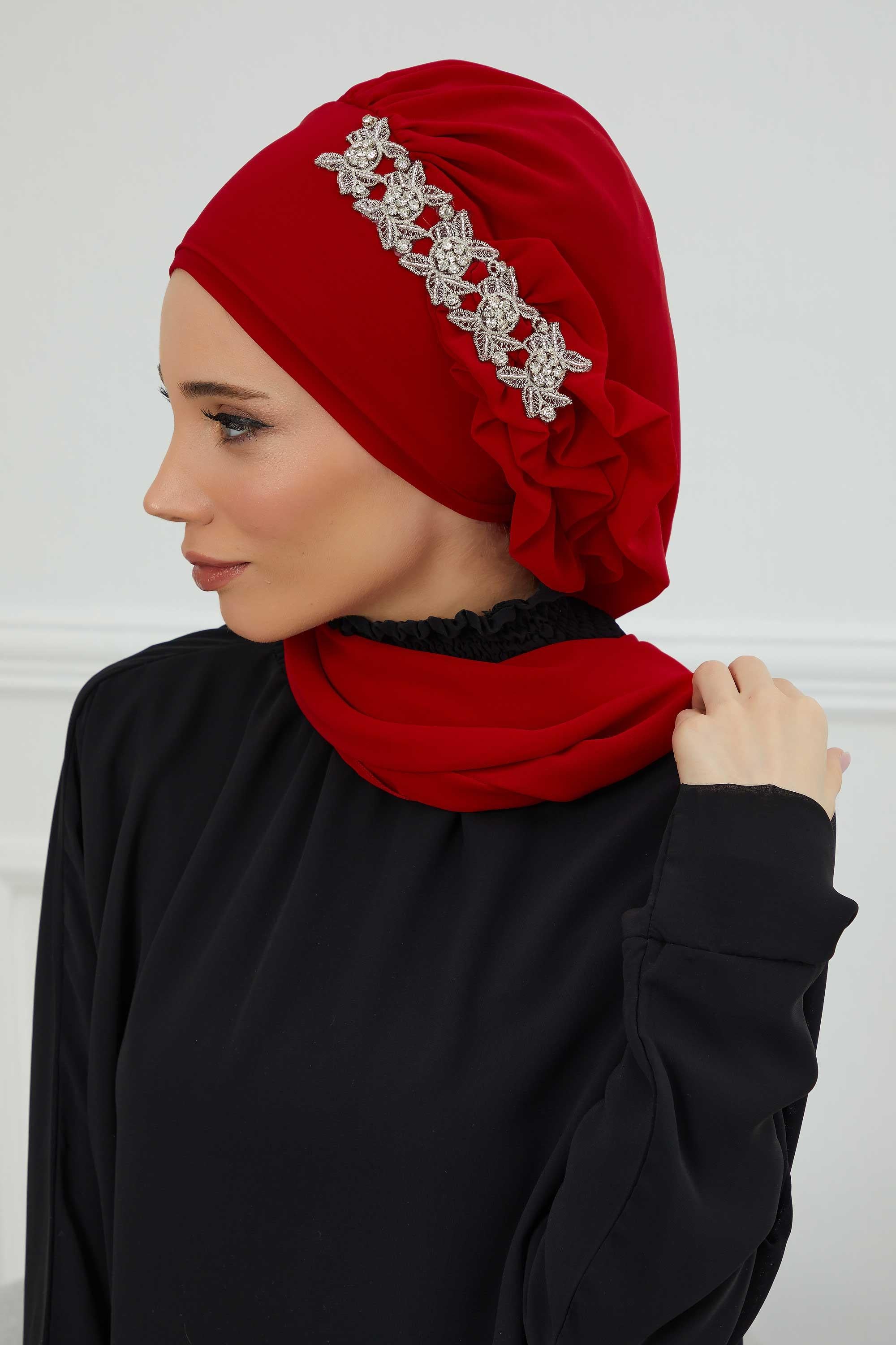 Yandan Fırfırlı Taş Aksesuarlı Şifon Hazır Türban,HT-100,HT-100