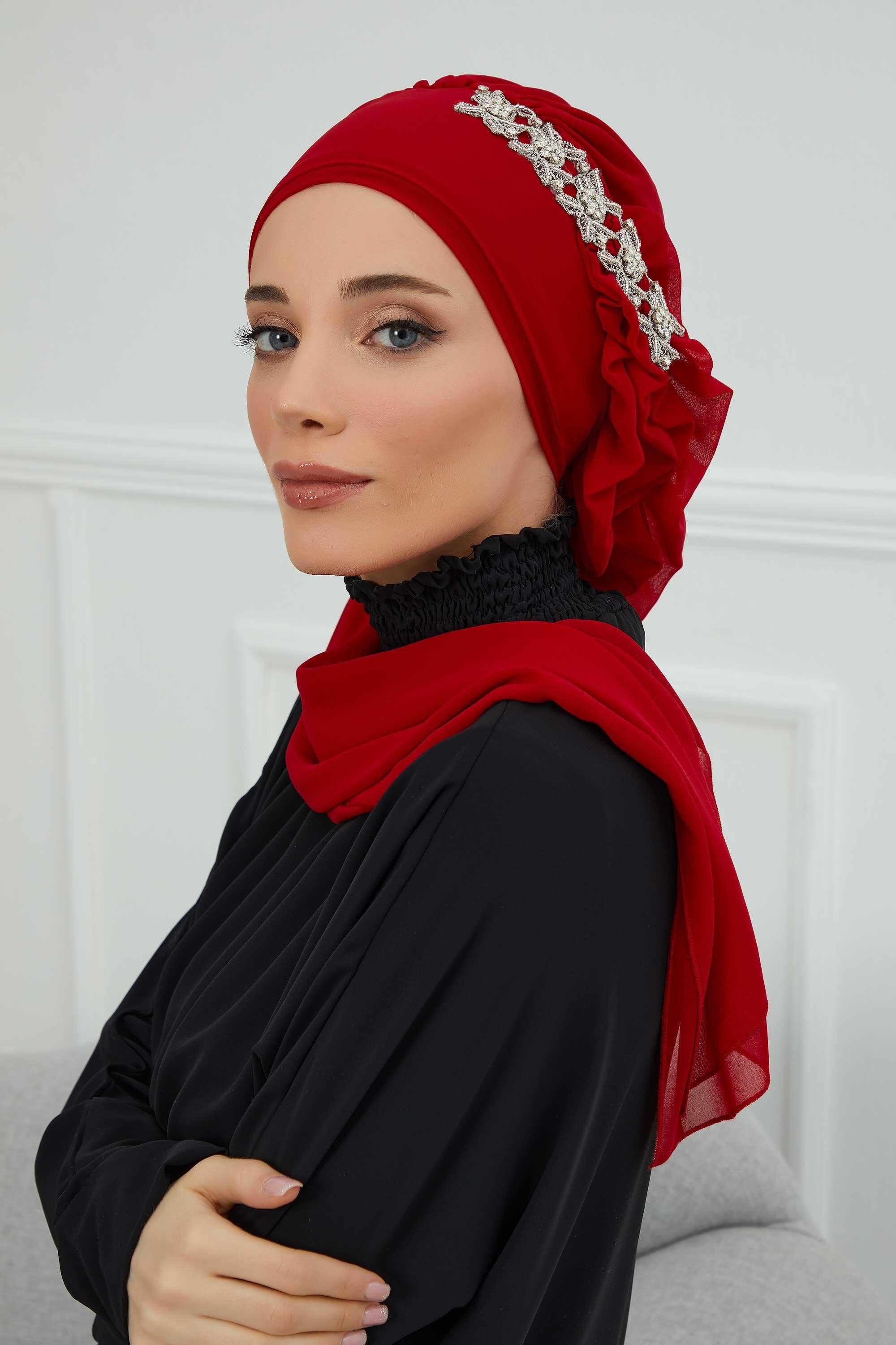 Yandan Fırfırlı Taş Aksesuarlı Şifon Hazır Türban,HT-100,HT-100