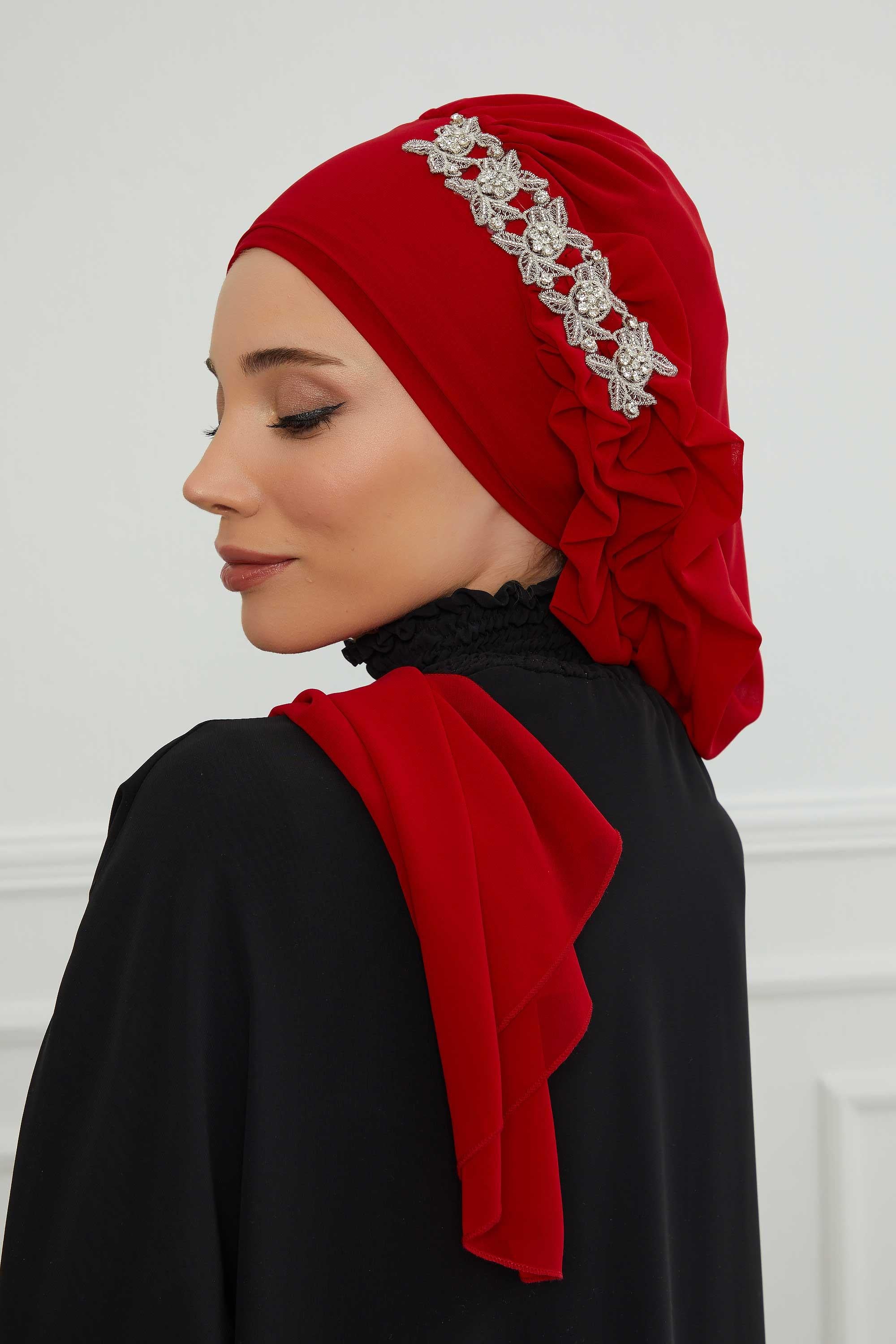 Yandan Fırfırlı Taş Aksesuarlı Şifon Hazır Türban,HT-100,HT-100