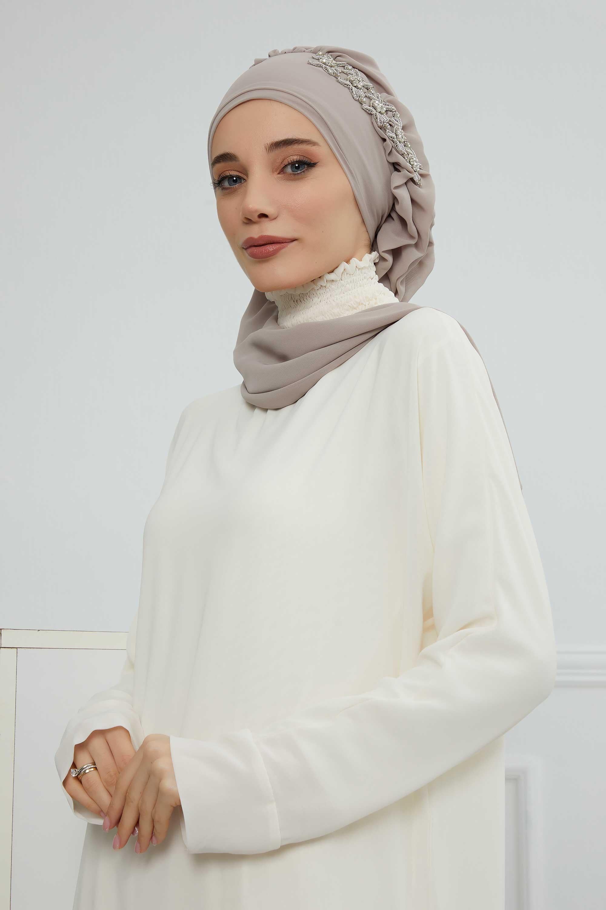 Yandan Fırfırlı Taş Aksesuarlı Şifon Hazır Türban,HT-100,HT-100