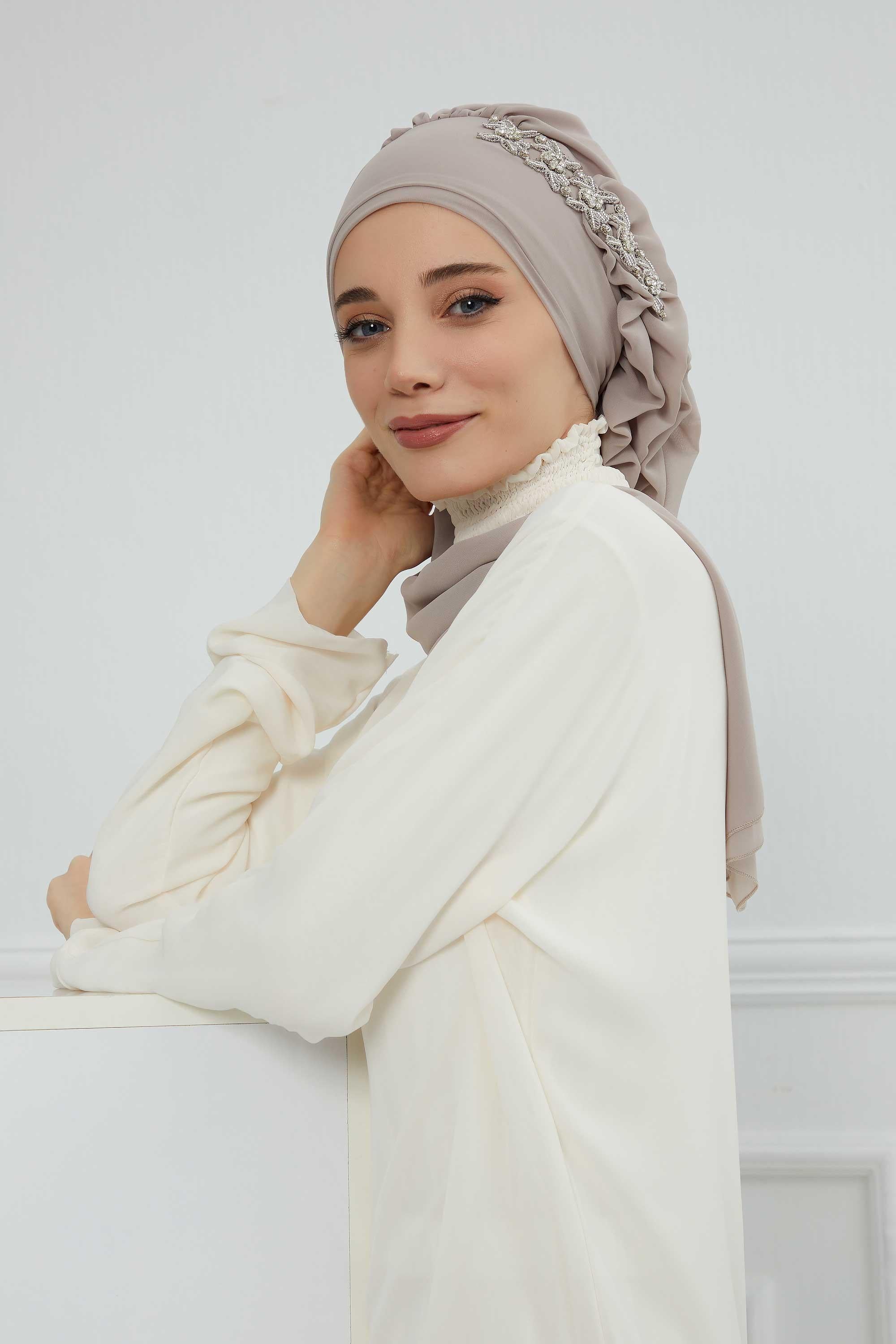 Yandan Fırfırlı Taş Aksesuarlı Şifon Hazır Türban,HT-100,HT-100
