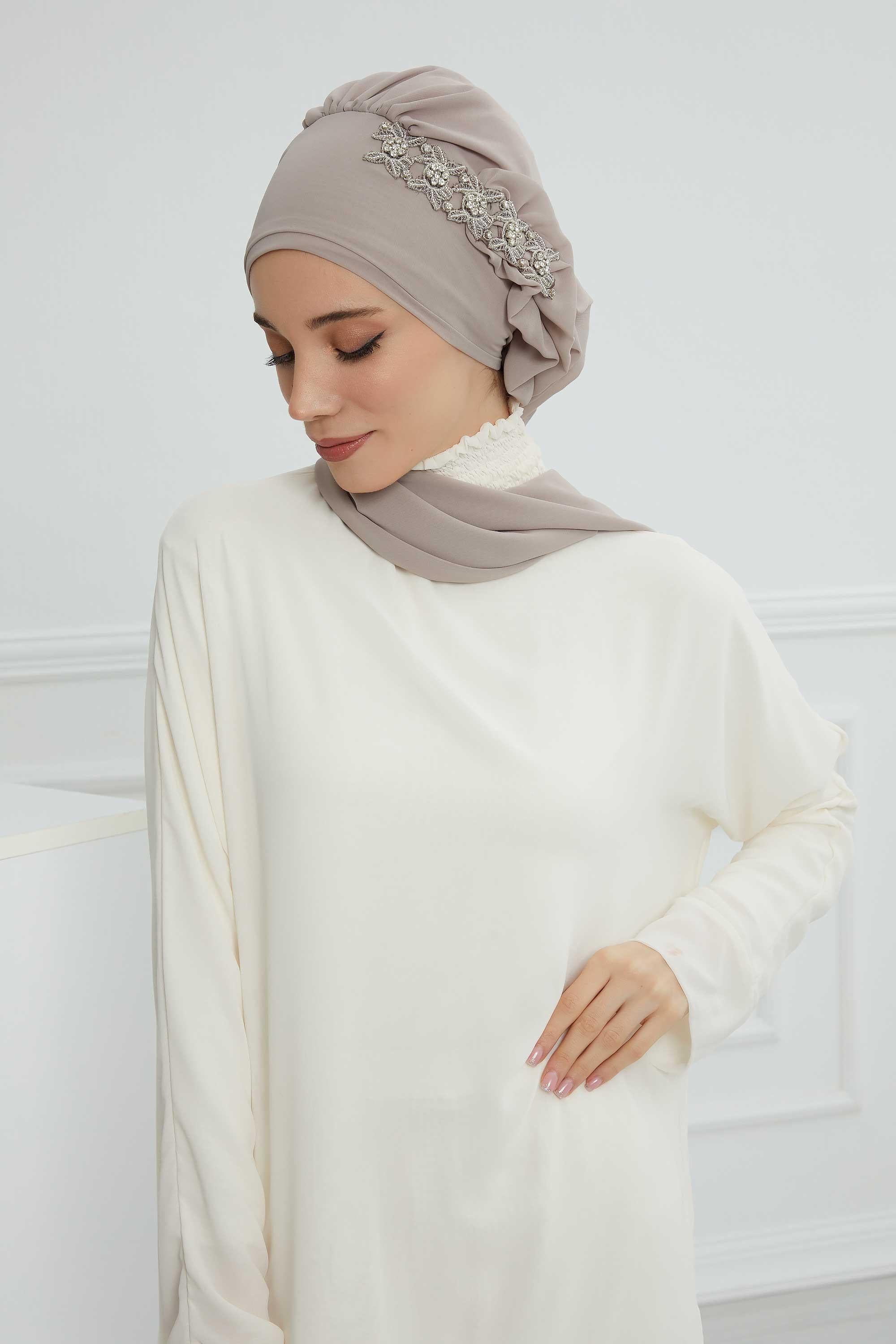 Yandan Fırfırlı Taş Aksesuarlı Şifon Hazır Türban,HT-100,HT-100