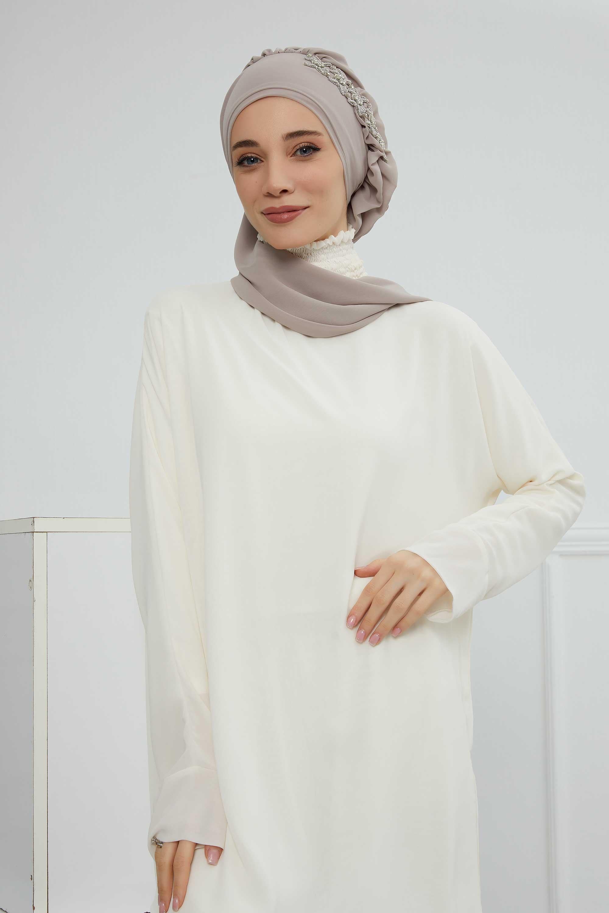 Yandan Fırfırlı Taş Aksesuarlı Şifon Hazır Türban,HT-100,HT-100