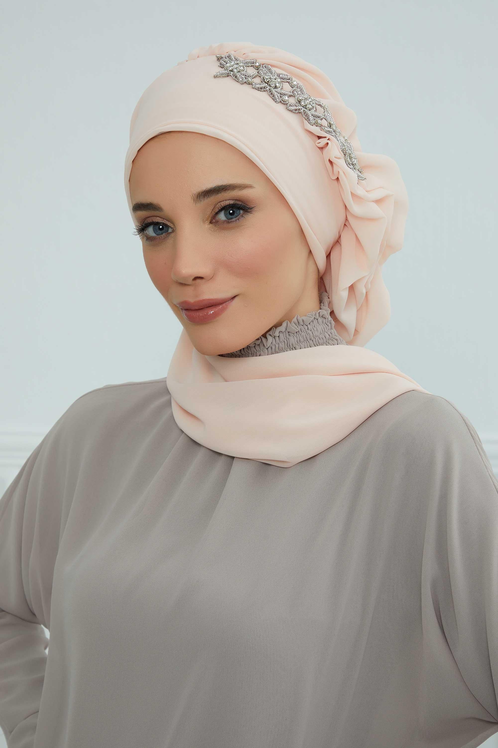 Yandan Fırfırlı Taş Aksesuarlı Şifon Hazır Türban,HT-100,HT-100