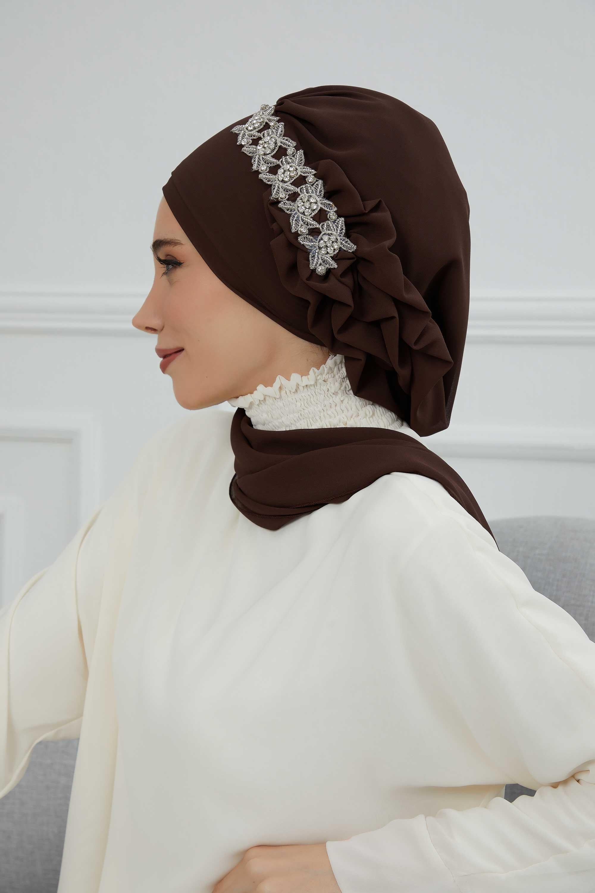 Yandan Fırfırlı Taş Aksesuarlı Şifon Hazır Türban,HT-100,HT-100