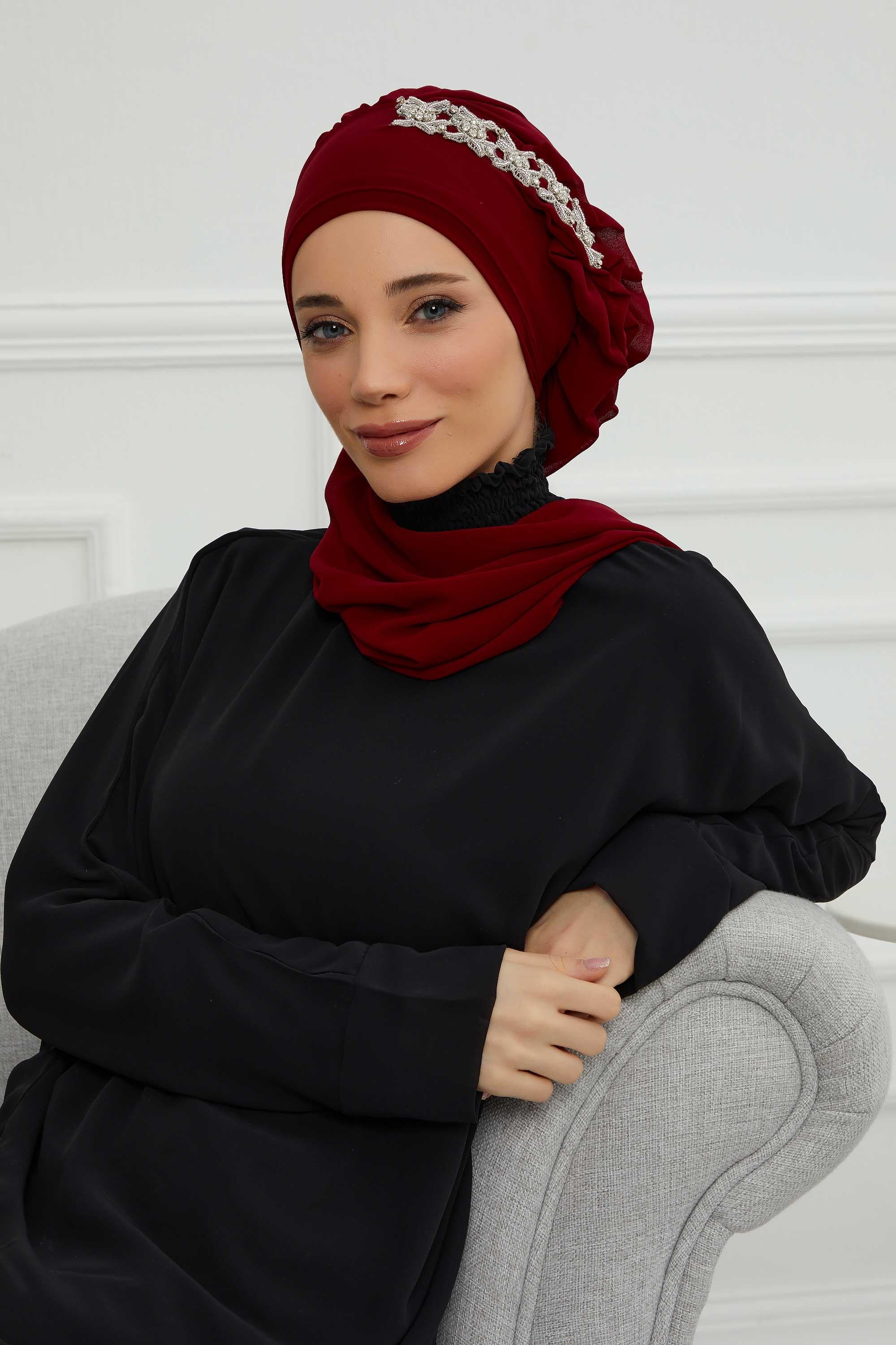 Yandan Fırfırlı Taş Aksesuarlı Şifon Hazır Türban,HT-100,HT-100