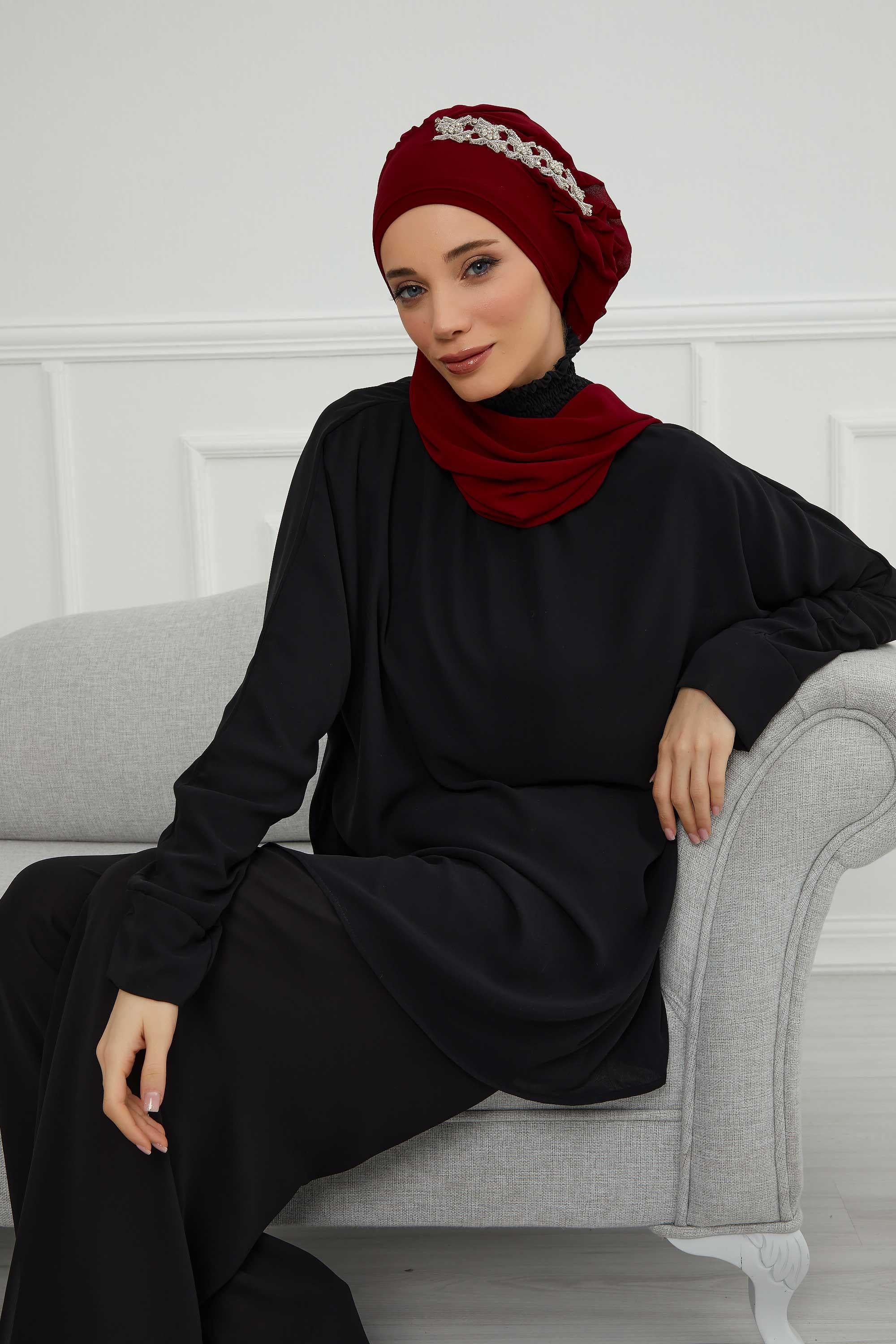 Yandan Fırfırlı Taş Aksesuarlı Şifon Hazır Türban,HT-100,HT-100