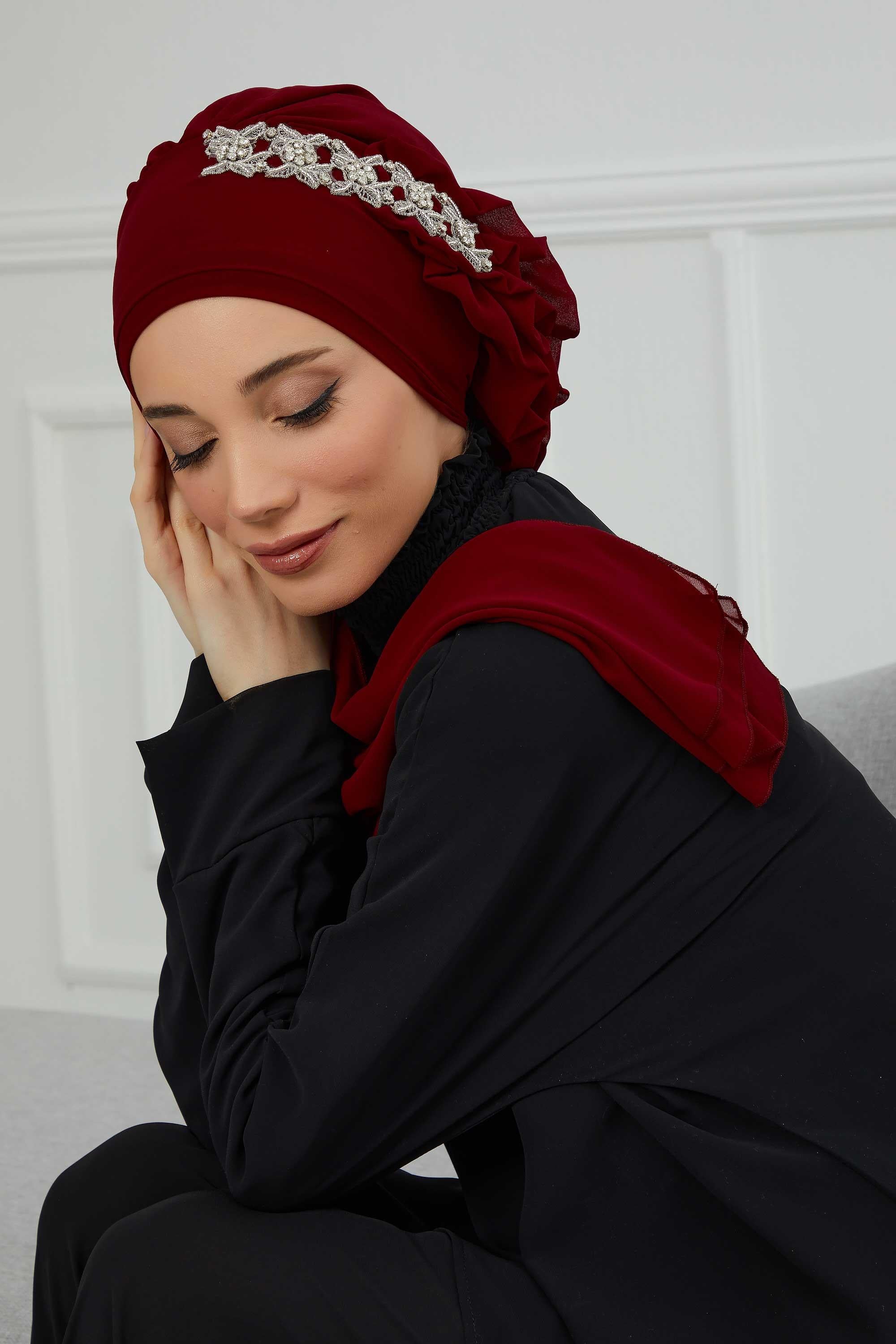 Yandan Fırfırlı Taş Aksesuarlı Şifon Hazır Türban,HT-100,HT-100