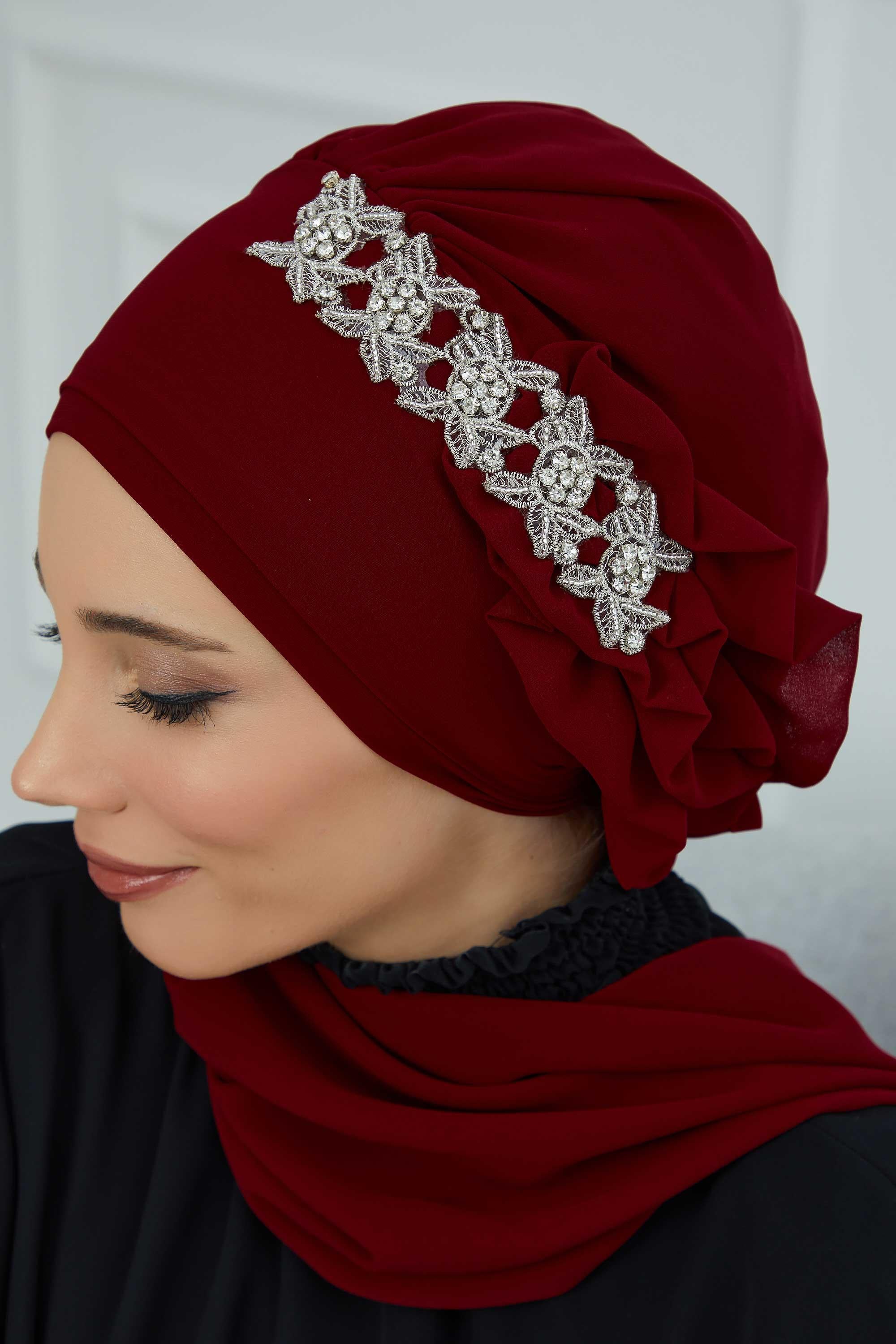 Yandan Fırfırlı Taş Aksesuarlı Şifon Hazır Türban,HT-100,HT-100
