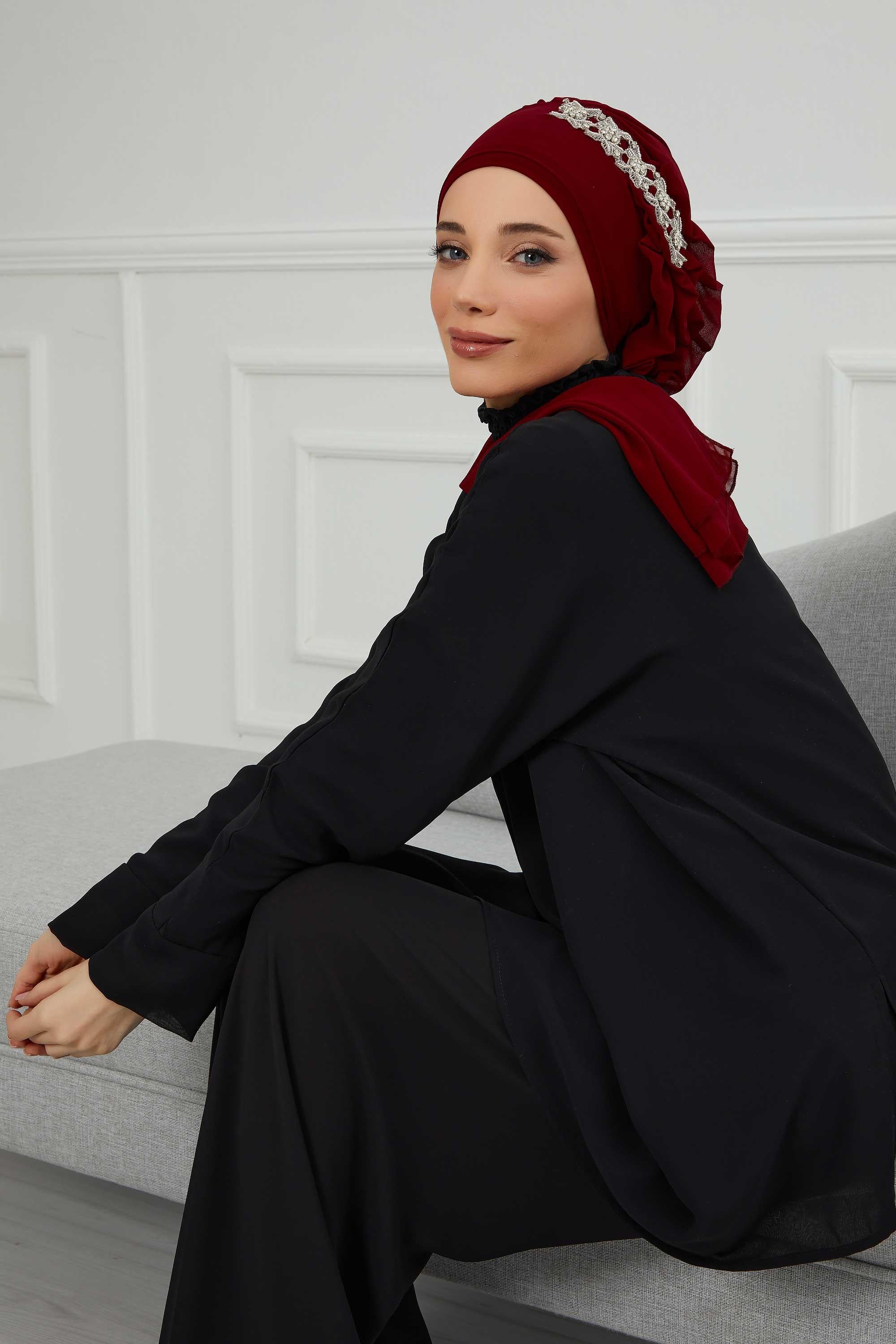 Yandan Fırfırlı Taş Aksesuarlı Şifon Hazır Türban,HT-100,HT-100