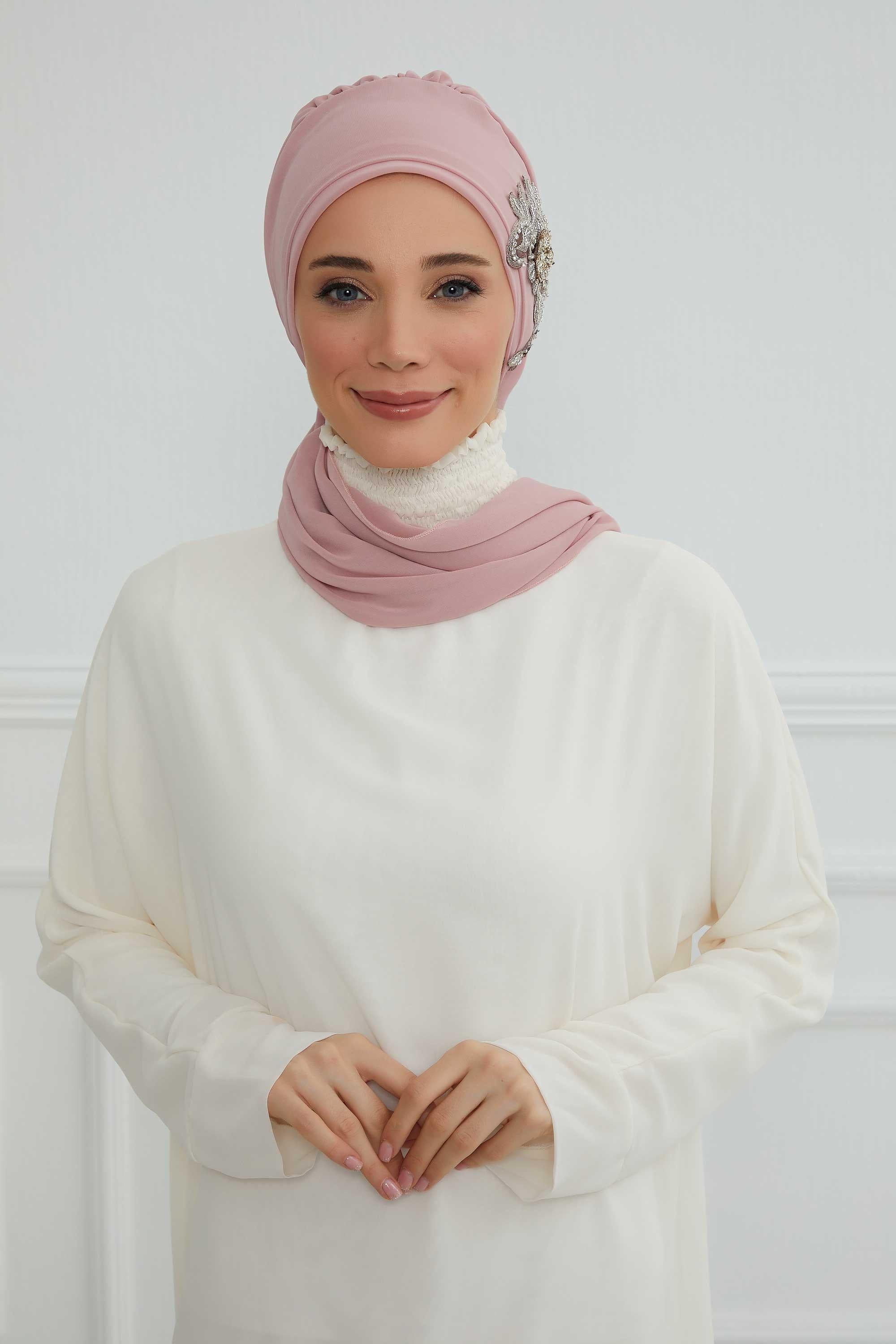 Yandan Taş Çiçek Aksesuarlı Şifon Hazır Türban,HT-104,HT-104