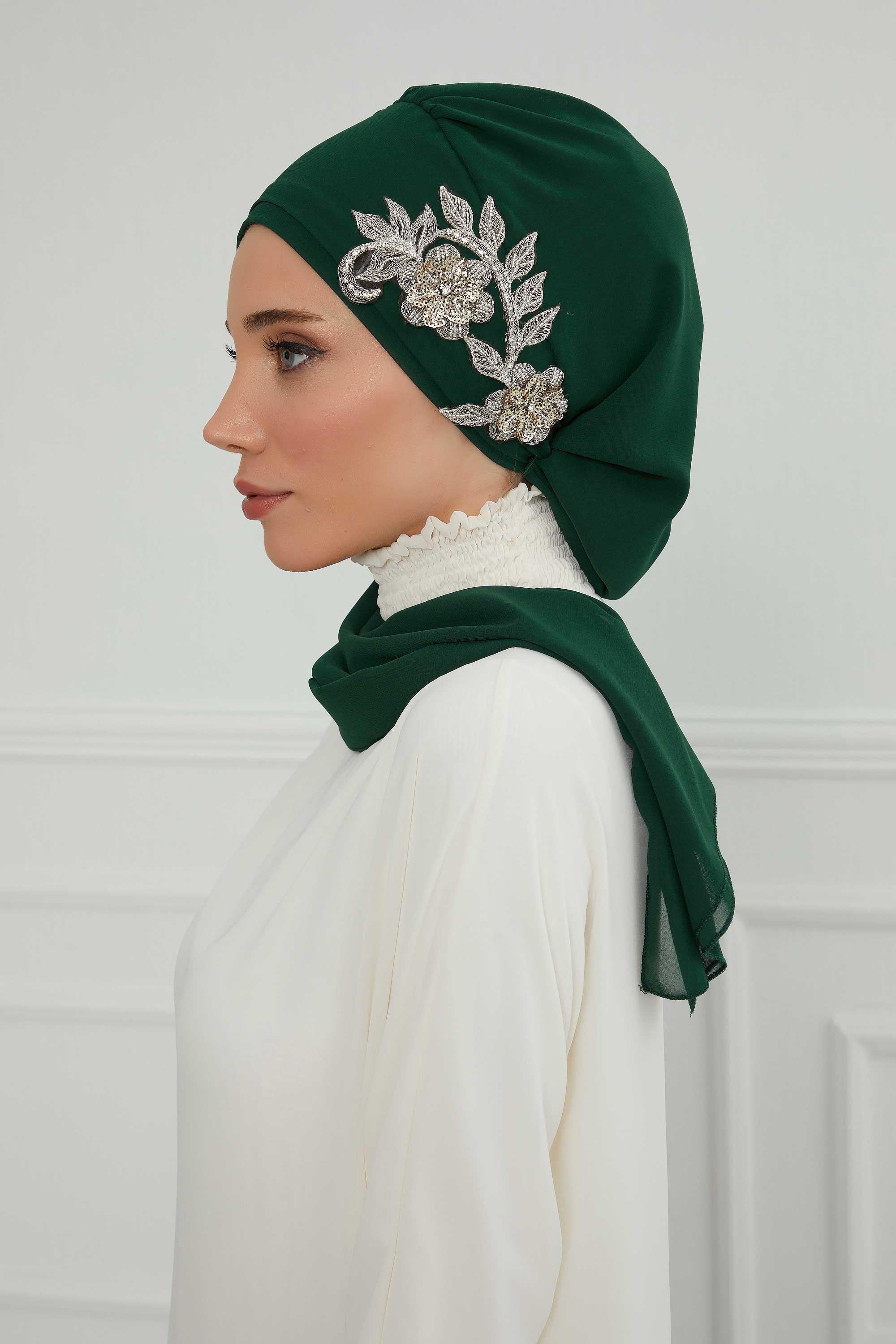 Yandan Taş Çiçek Aksesuarlı Şifon Hazır Türban,HT-104,HT-104