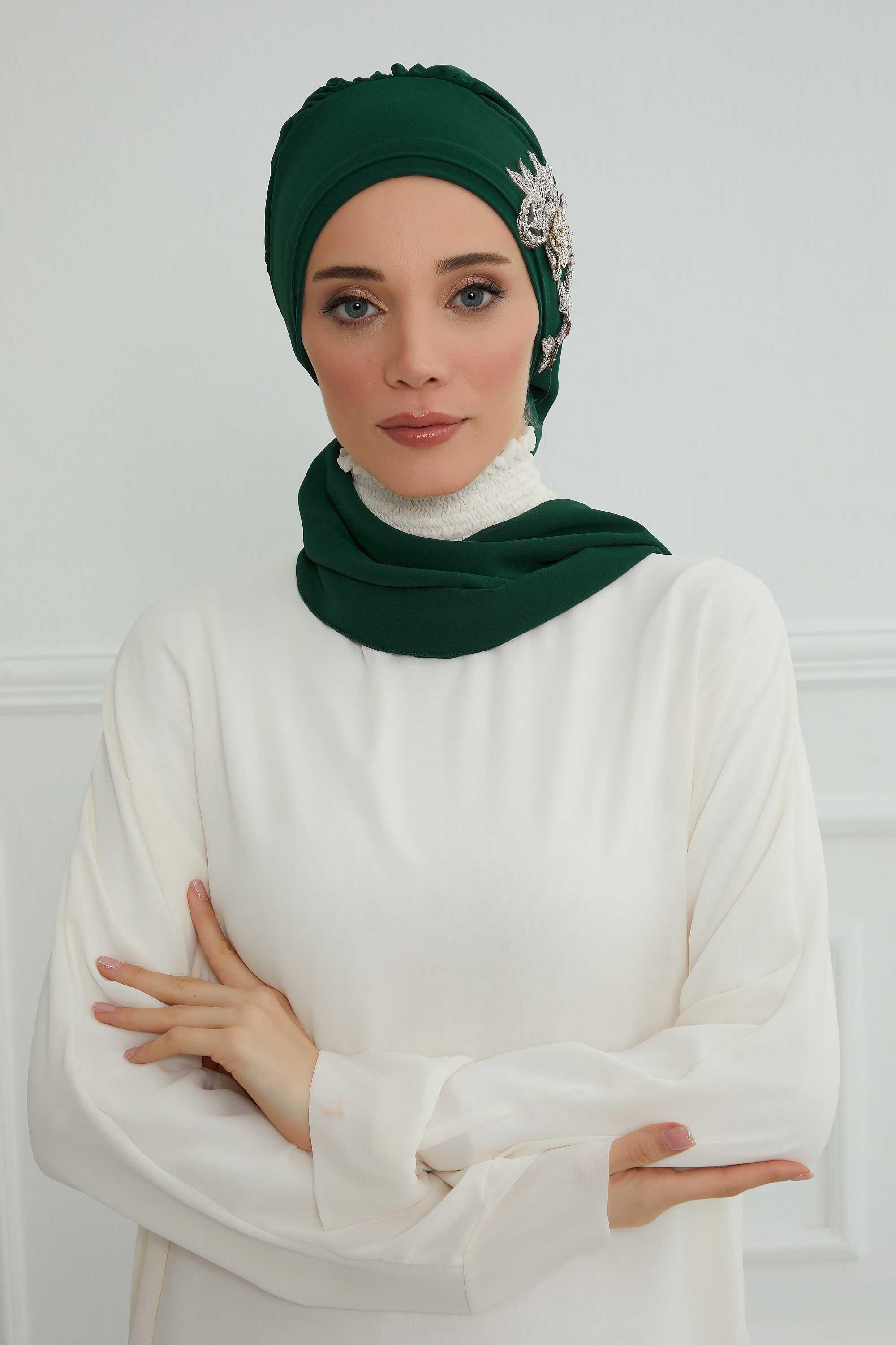 Yandan Taş Çiçek Aksesuarlı Şifon Hazır Türban,HT-104,HT-104