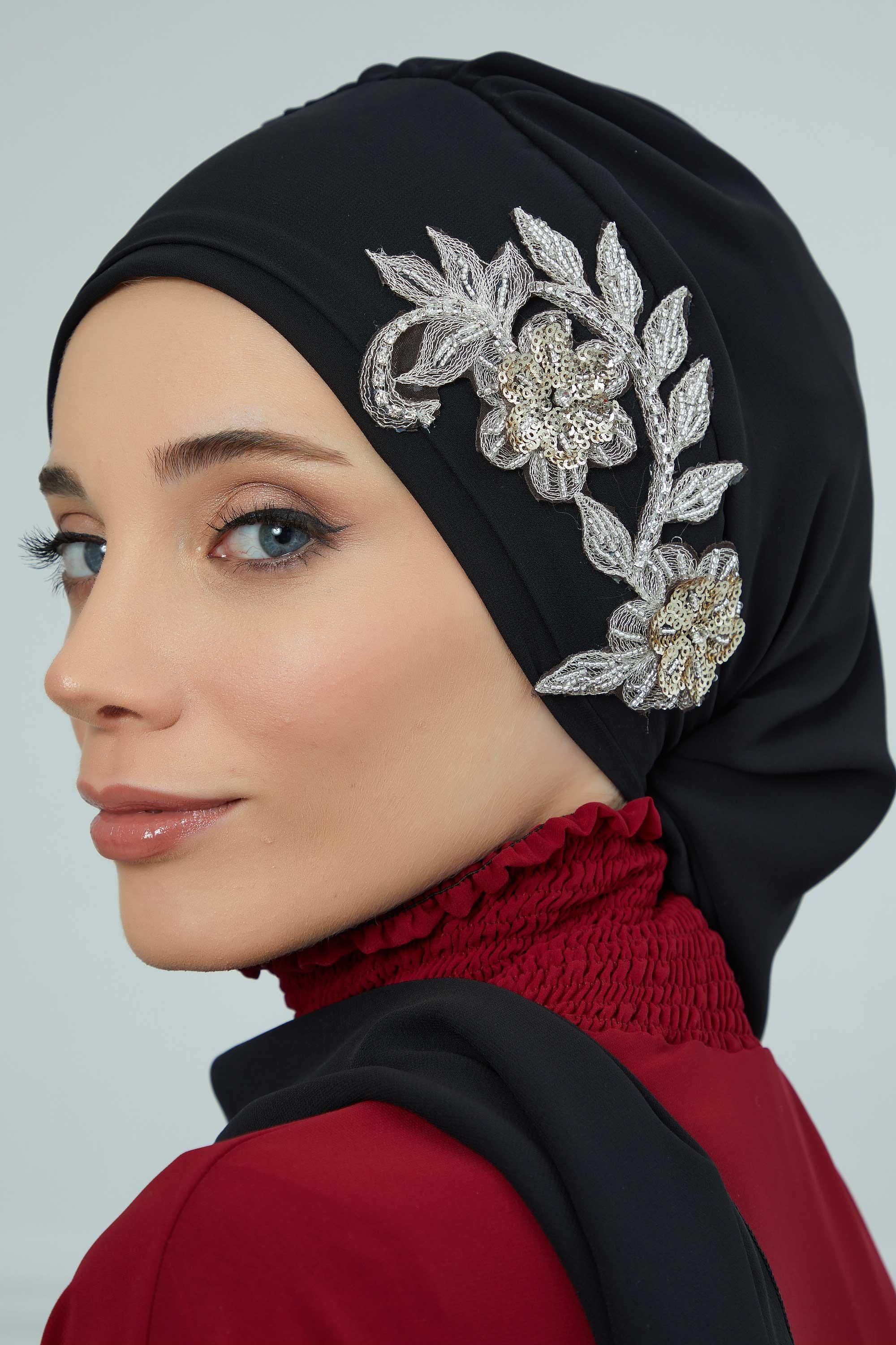 Yandan Taş Çiçek Aksesuarlı Şifon Hazır Türban,HT-104,HT-104