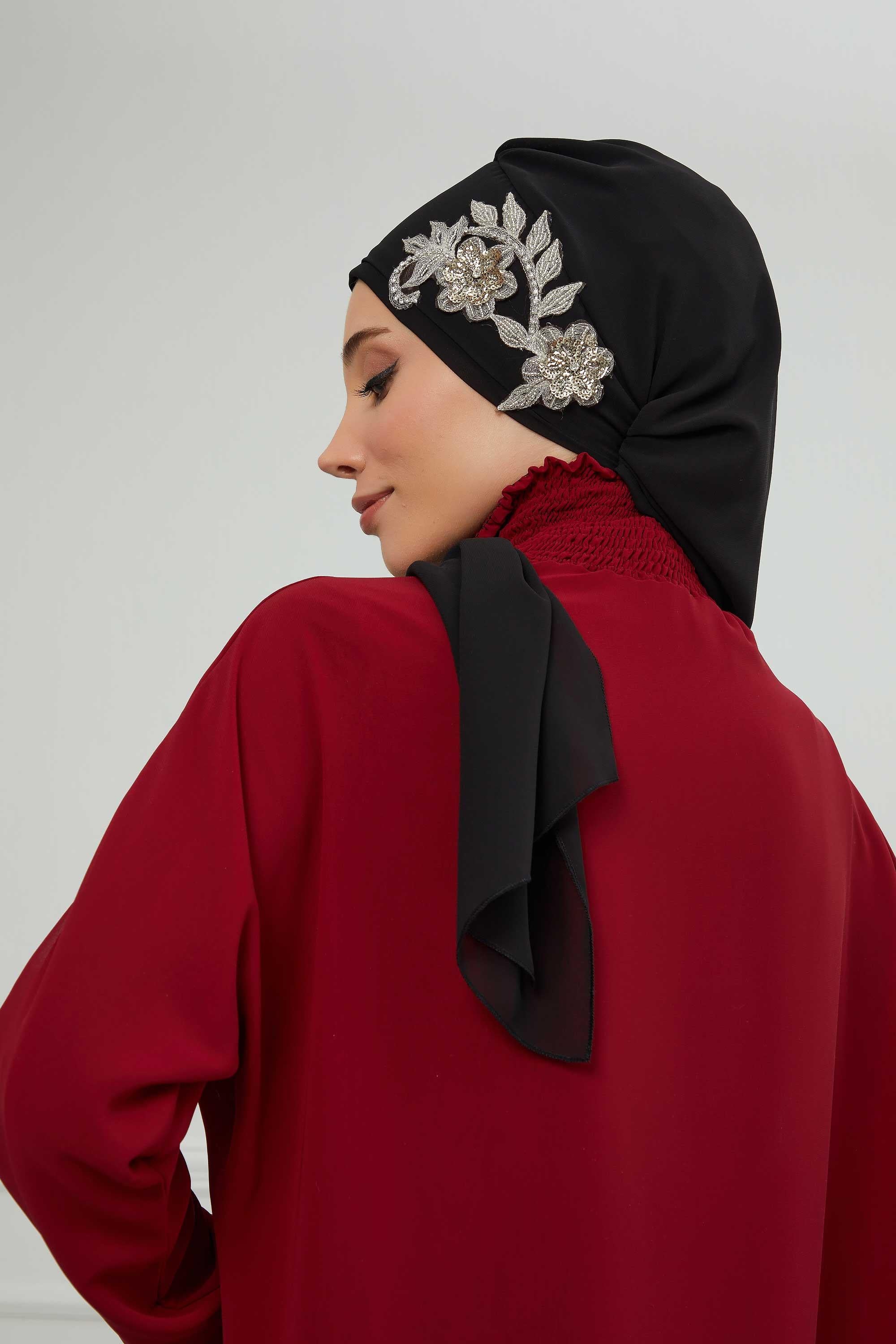 Yandan Taş Çiçek Aksesuarlı Şifon Hazır Türban,HT-104,HT-104