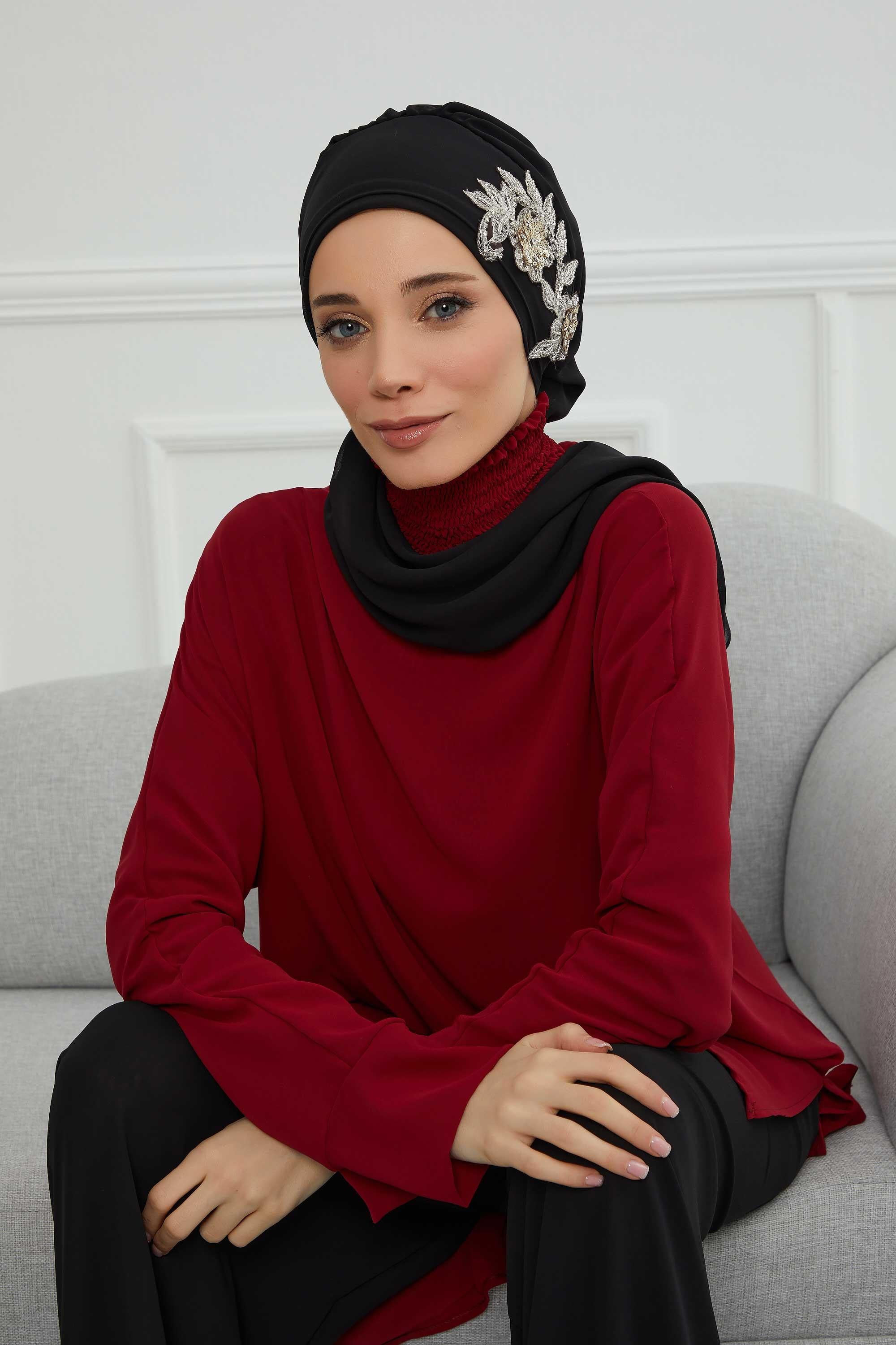 Yandan Taş Çiçek Aksesuarlı Şifon Hazır Türban,HT-104,HT-104