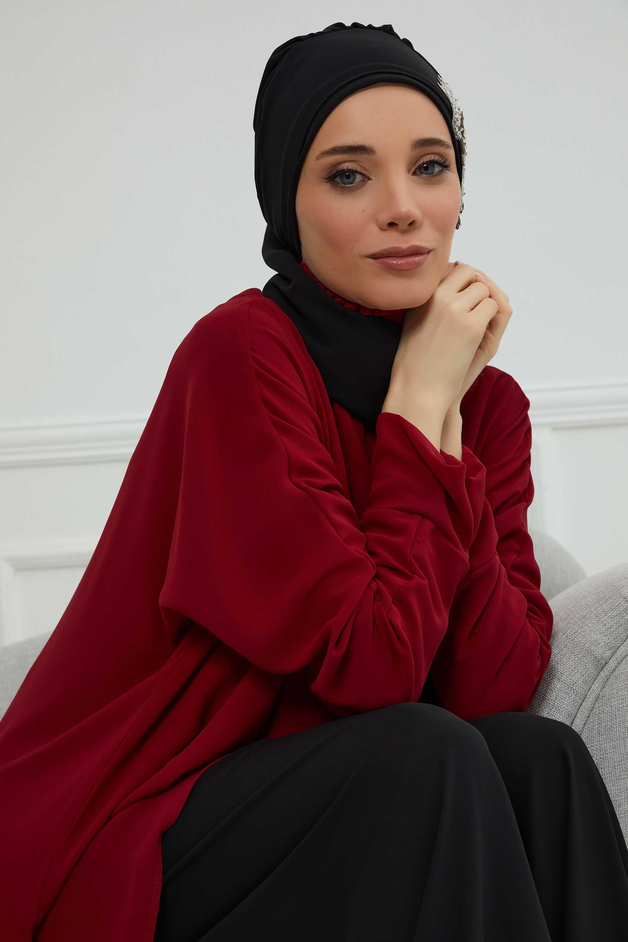 Yandan Taş Çiçek Aksesuarlı Şifon Hazır Türban,HT-104,HT-104