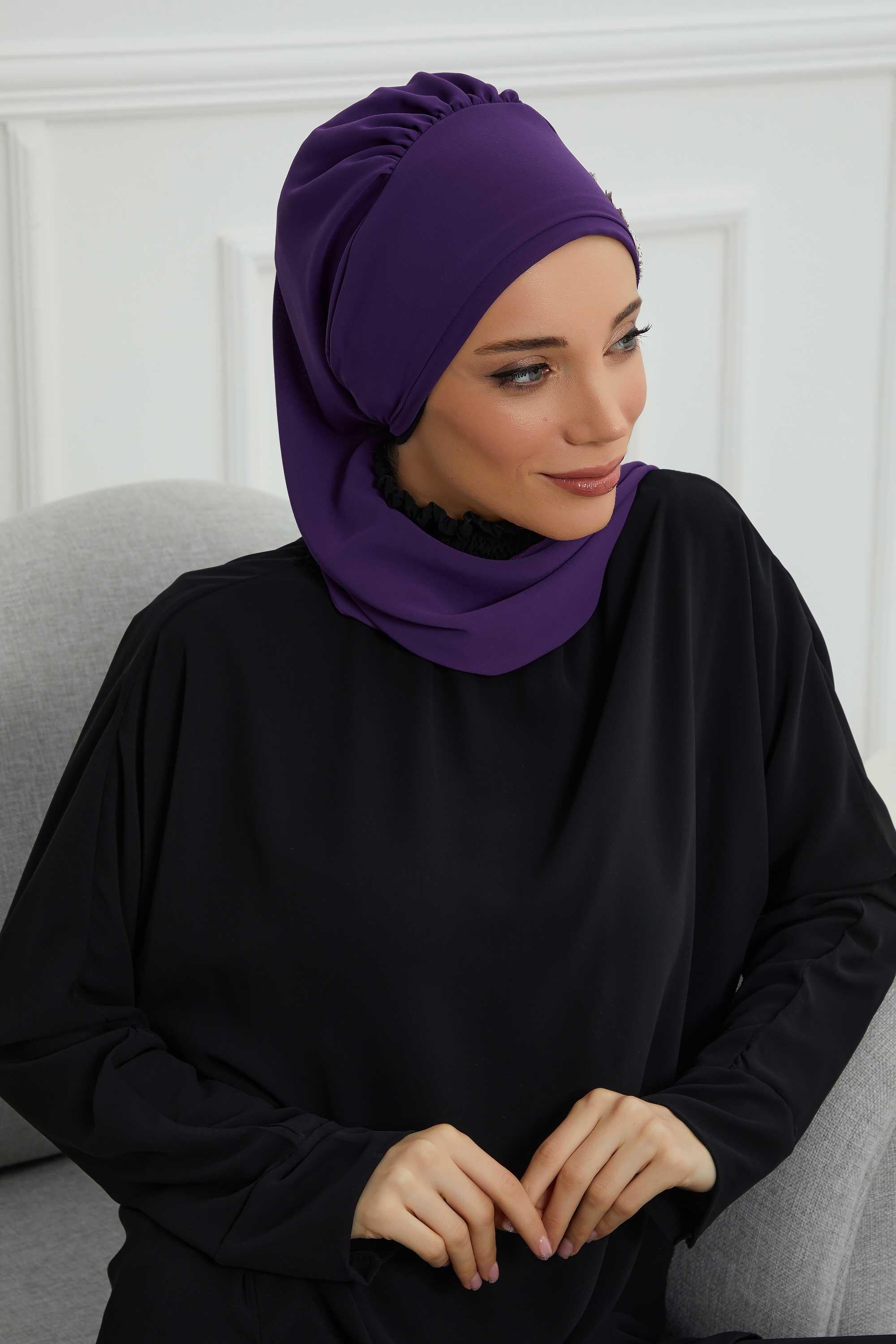 Yandan Taş Çiçek Aksesuarlı Şifon Hazır Türban,HT-104,HT-104