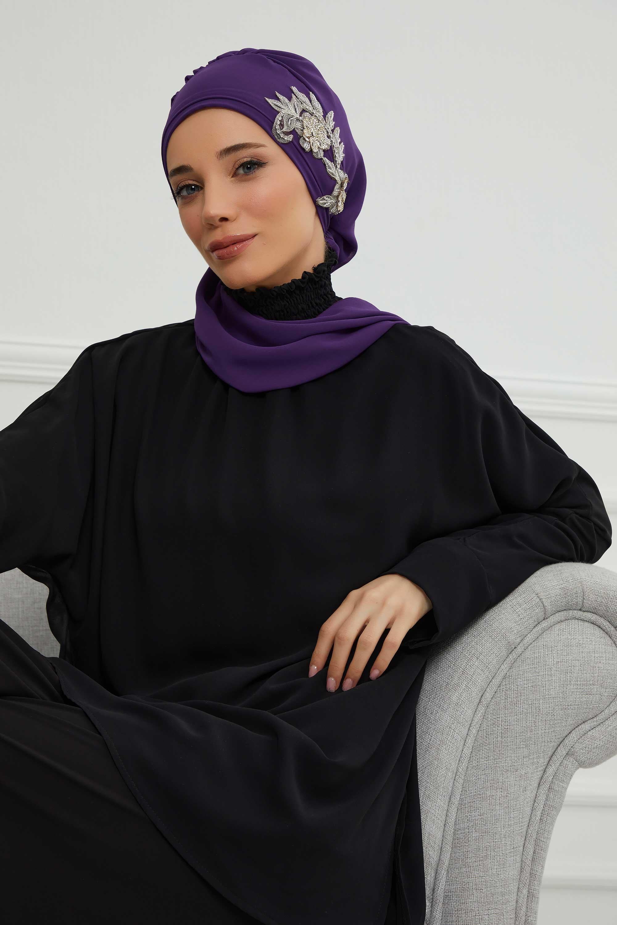 Yandan Taş Çiçek Aksesuarlı Şifon Hazır Türban,HT-104,HT-104