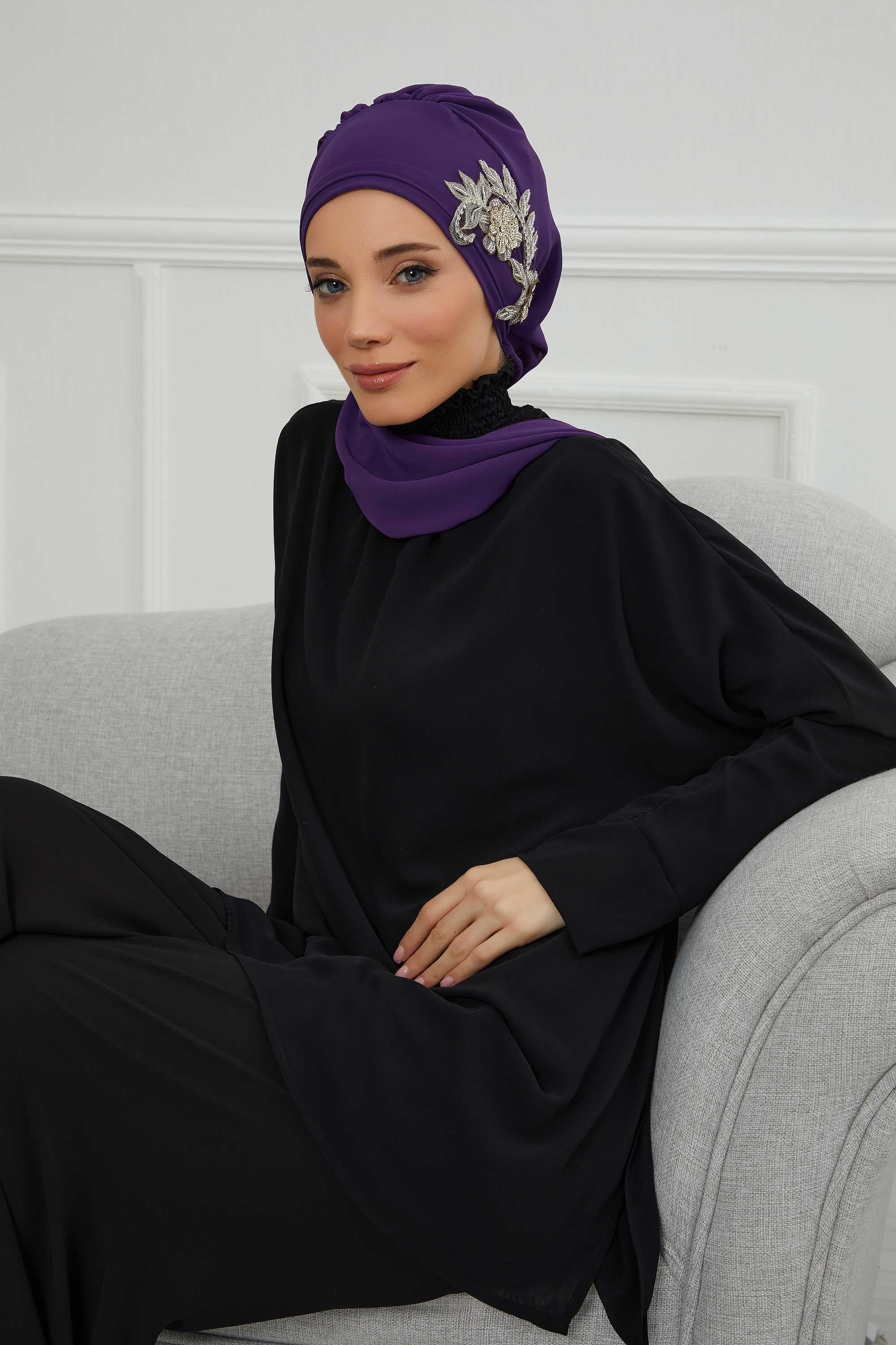 Yandan Taş Çiçek Aksesuarlı Şifon Hazır Türban,HT-104,HT-104