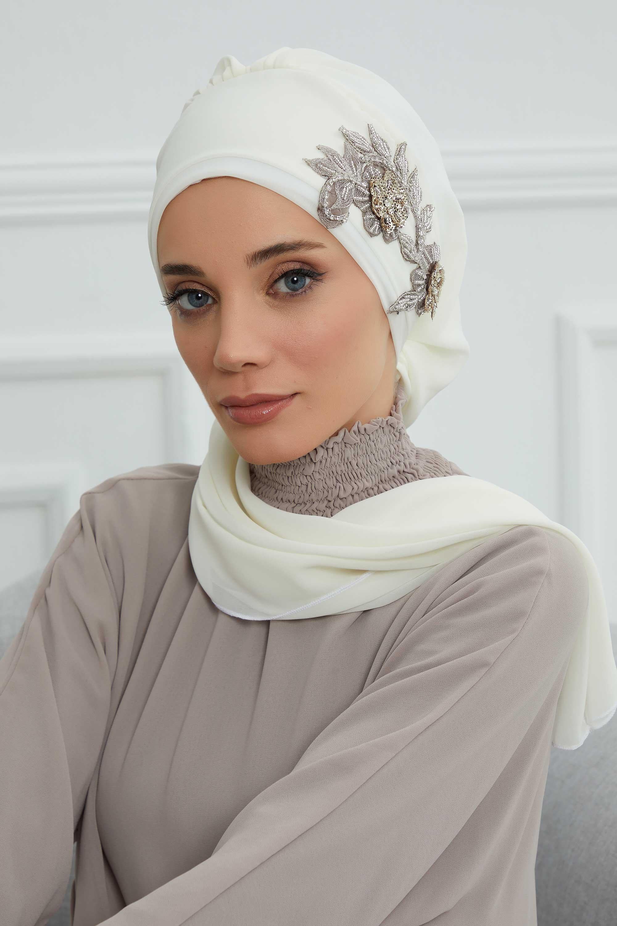 Yandan Taş Çiçek Aksesuarlı Şifon Hazır Türban,HT-104,HT-104