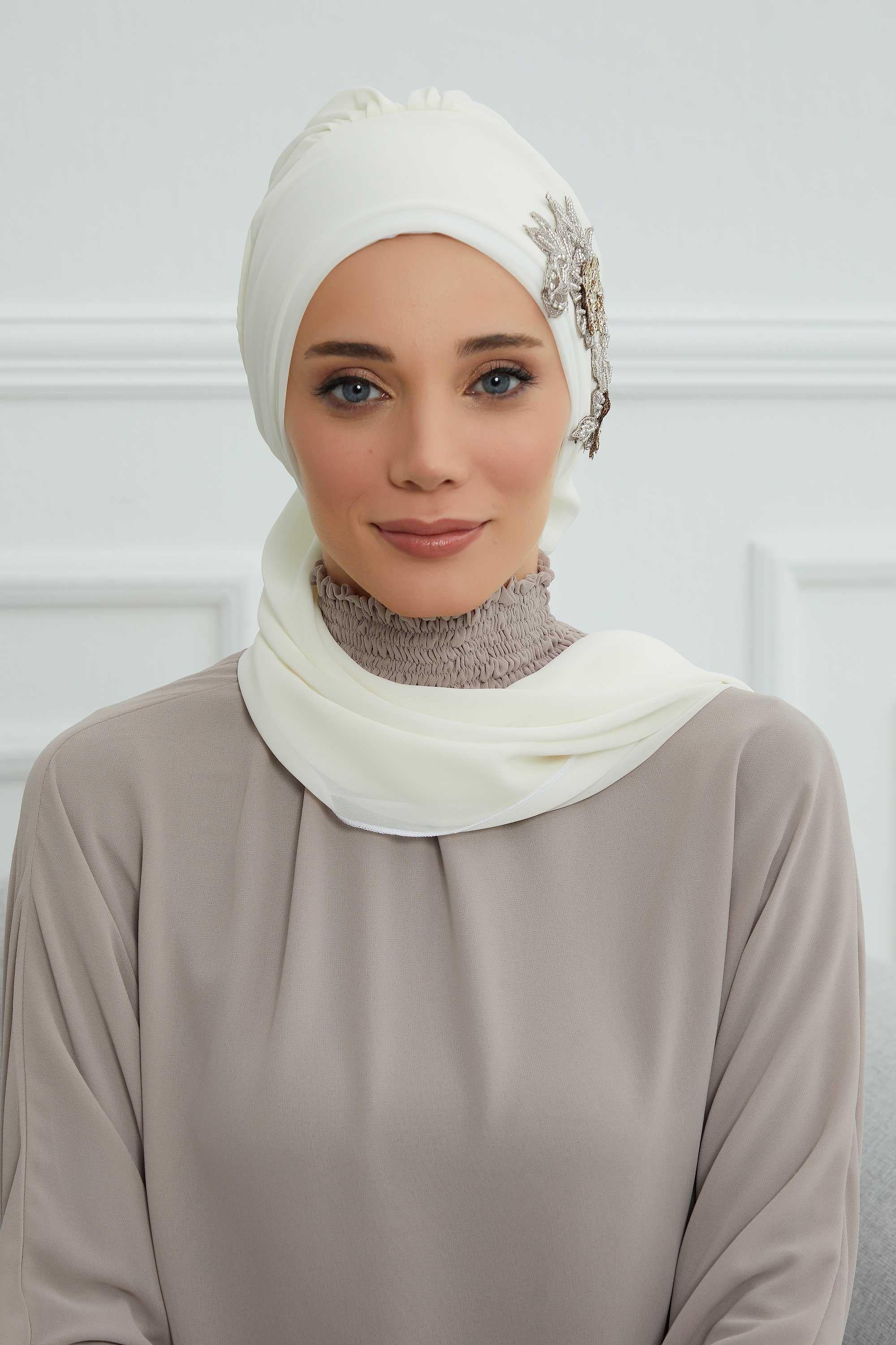 Yandan Taş Çiçek Aksesuarlı Şifon Hazır Türban,HT-104,HT-104