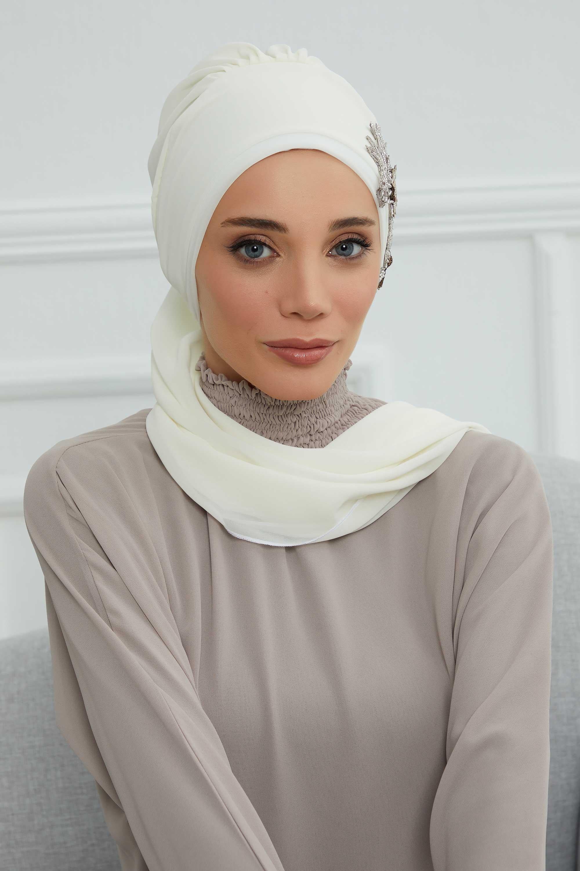 Yandan Taş Çiçek Aksesuarlı Şifon Hazır Türban,HT-104,HT-104