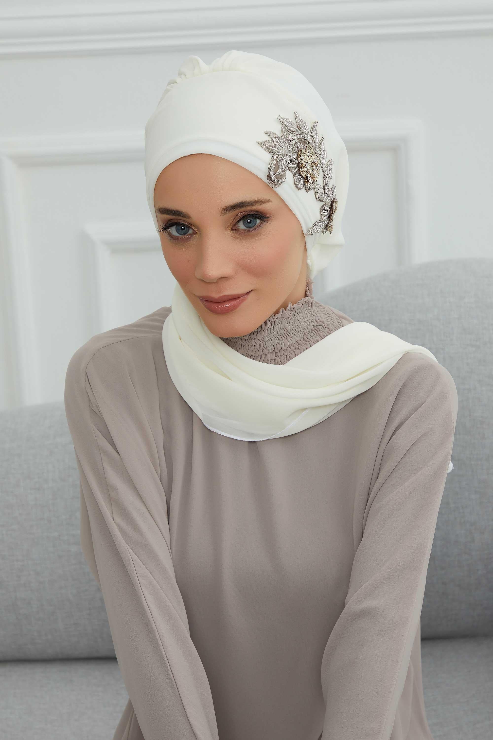 Yandan Taş Çiçek Aksesuarlı Şifon Hazır Türban,HT-104,HT-104