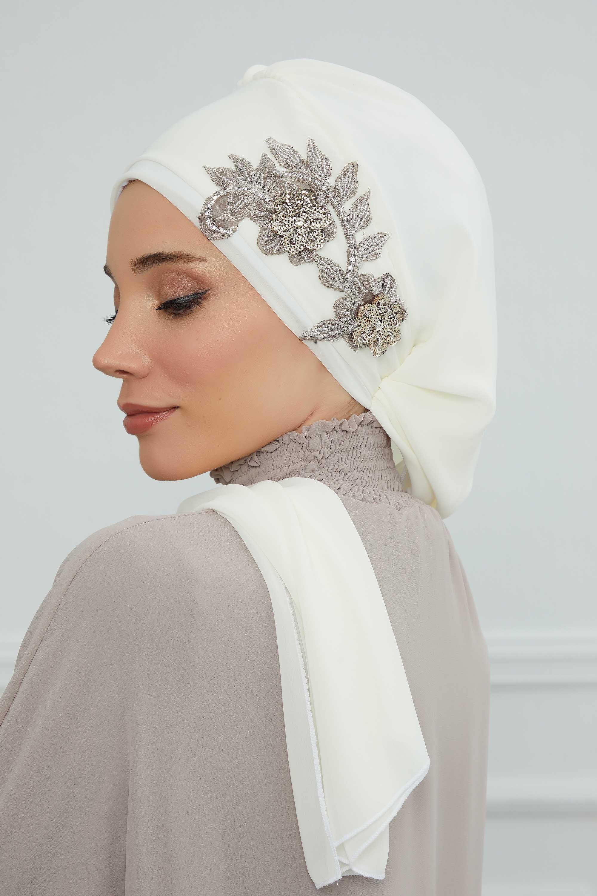 Yandan Taş Çiçek Aksesuarlı Şifon Hazır Türban,HT-104,HT-104