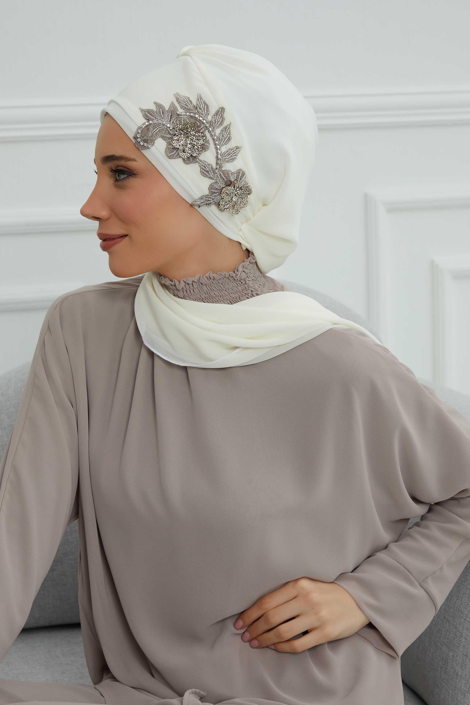 Yandan Taş Çiçek Aksesuarlı Şifon Hazır Türban,HT-104,HT-104